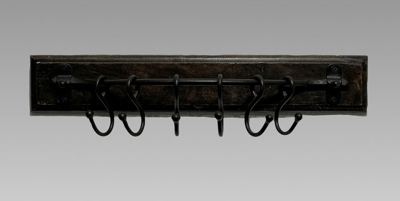 Antique Carved Hardwood & Forged Iron Wall Hook Assembly (Coat and Hat Rack)