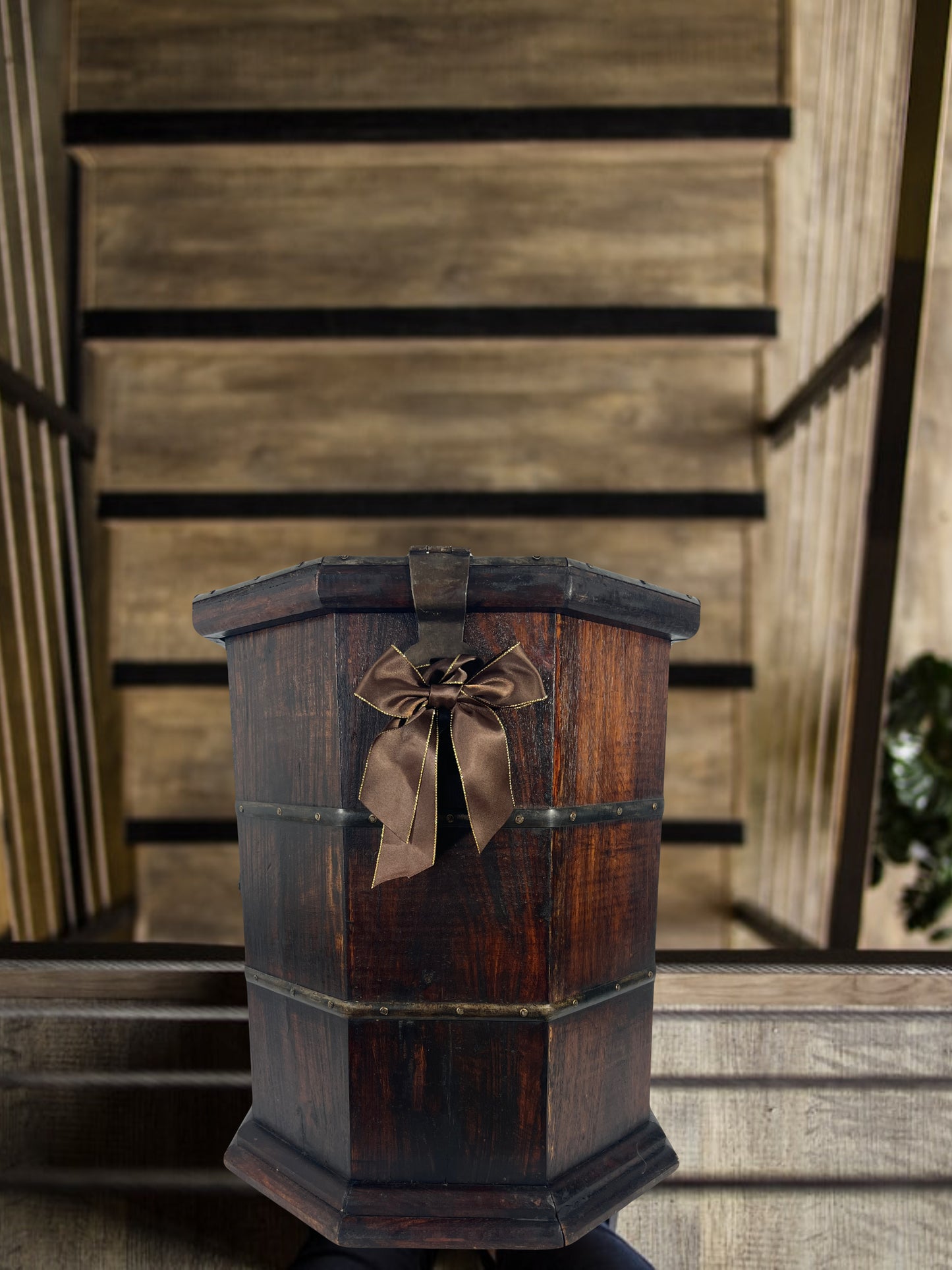 Vintage Iron Banded Dark Brown Wood Hexangonal Chest, Storage Box, or Side Table