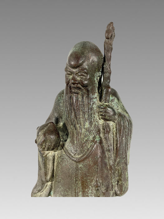 Chinese Bronze Figure/Statue of the Wise Man, Fu Lou Shou - Deity of Longevity, With Wood Stand