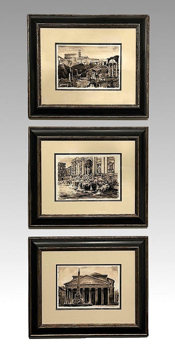 Classical Roman / Famous Italian Scenes, Original Sepia Paintings, Set of 3, Framed