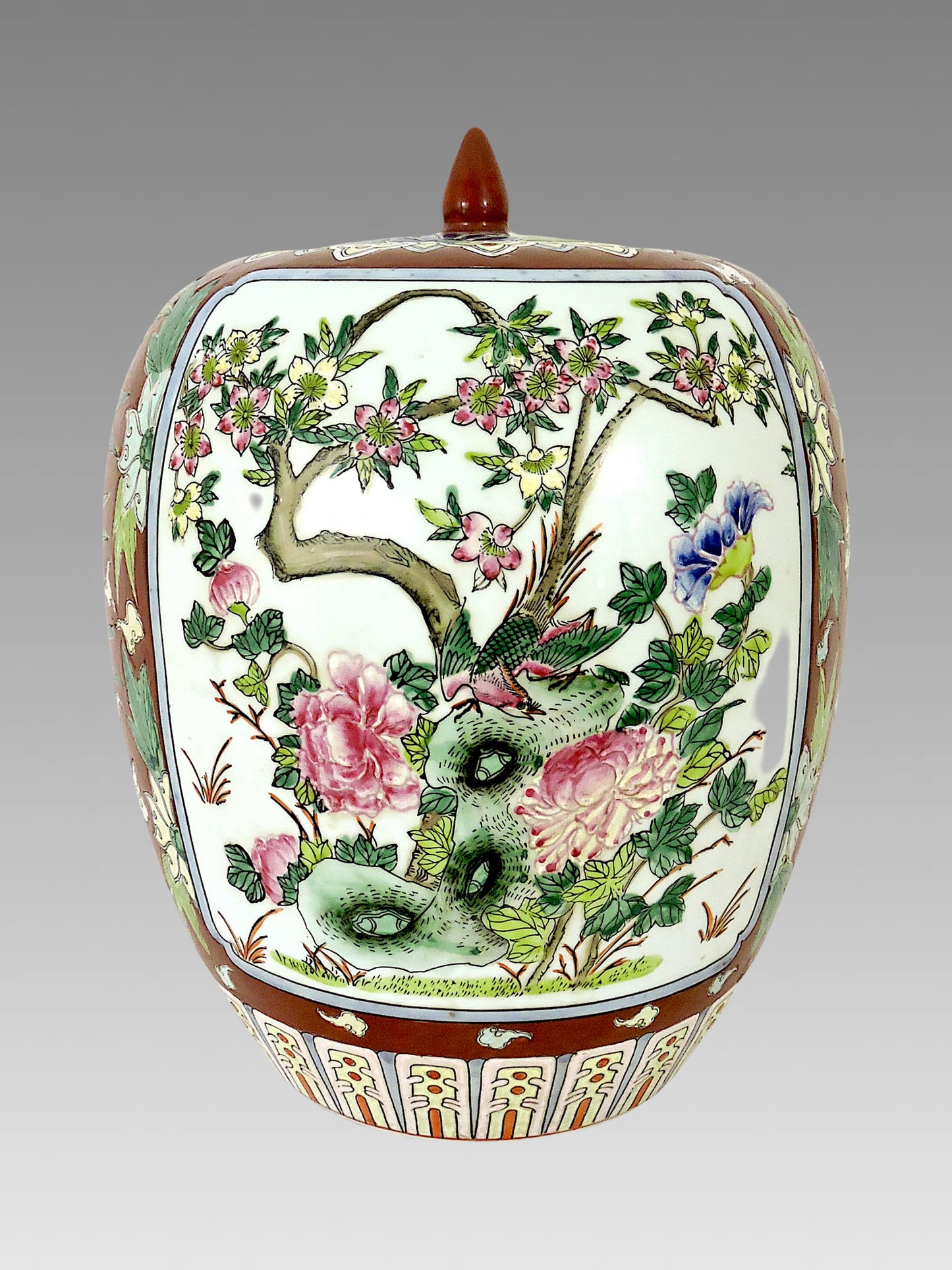 Large Antique Chinese Famille Rose Floral Porcelain Floral Ginger Jar With Phoenix, Tongzhi Mark 1862-1874