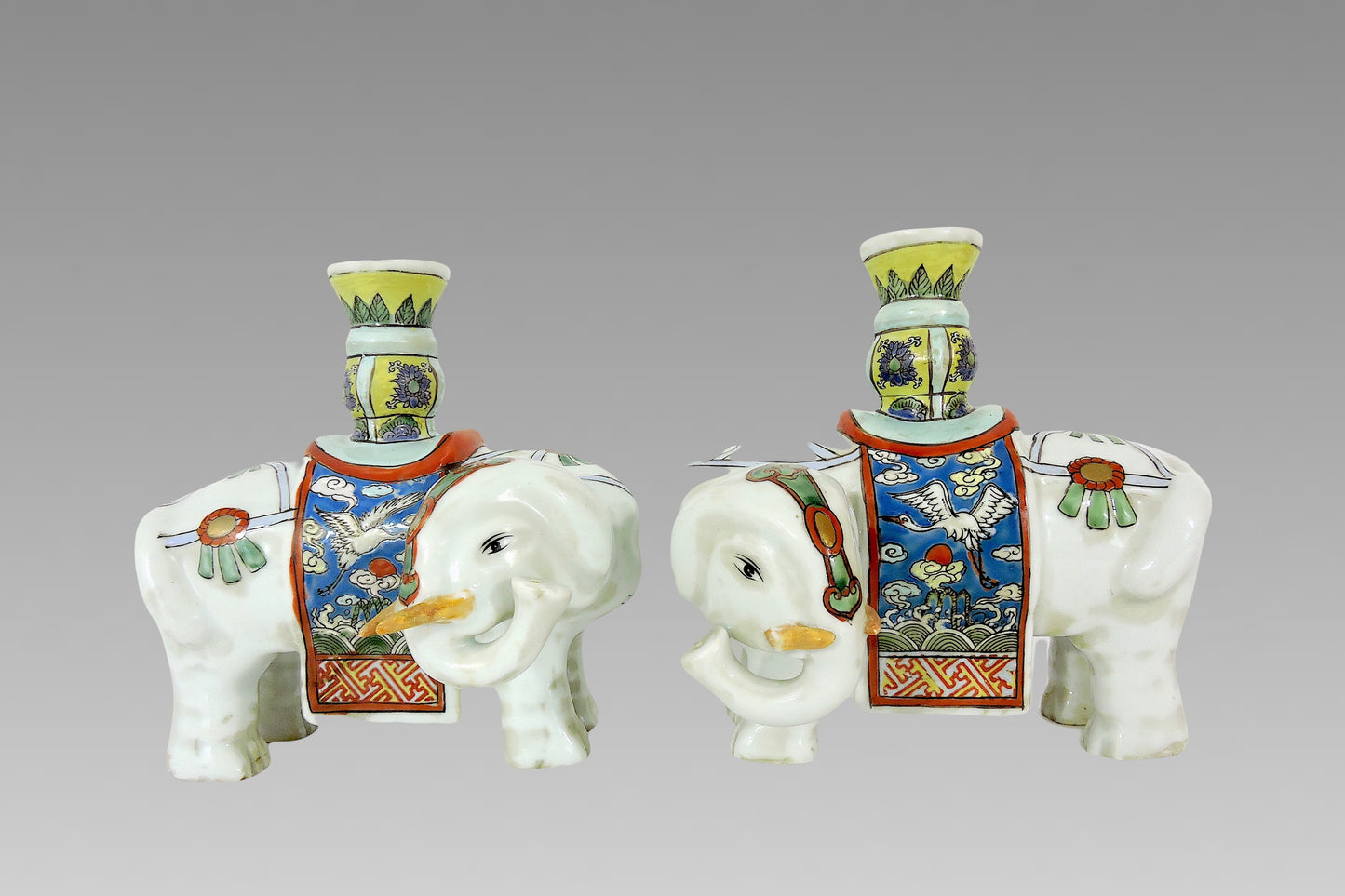 Antique Chinese Export White Caparisoned Elephant Famille Jaune Candleholders / Joss Stick Holders - a Pair