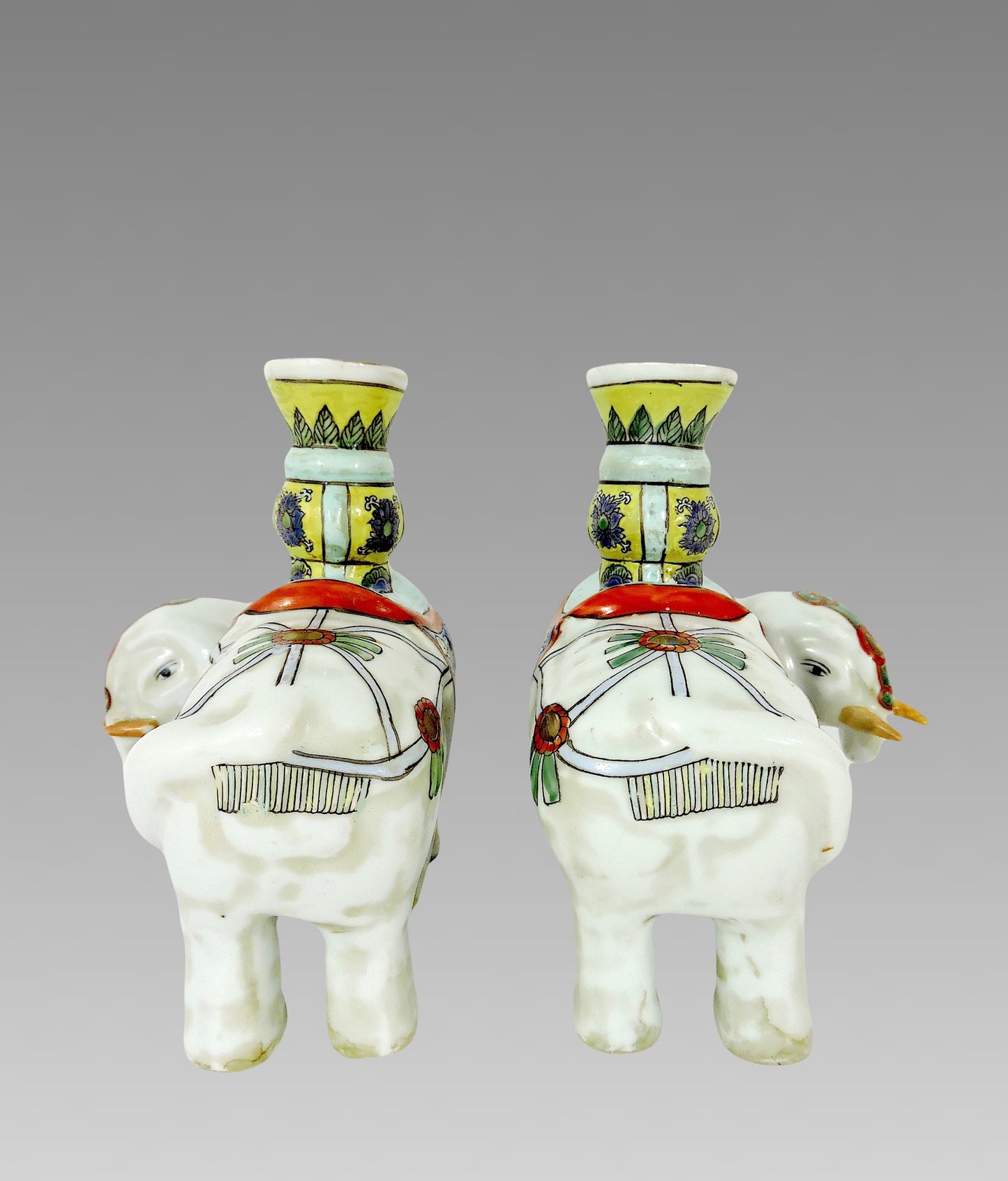 Antique Chinese Export White Caparisoned Elephant Famille Jaune Candleholders / Joss Stick Holders - a Pair