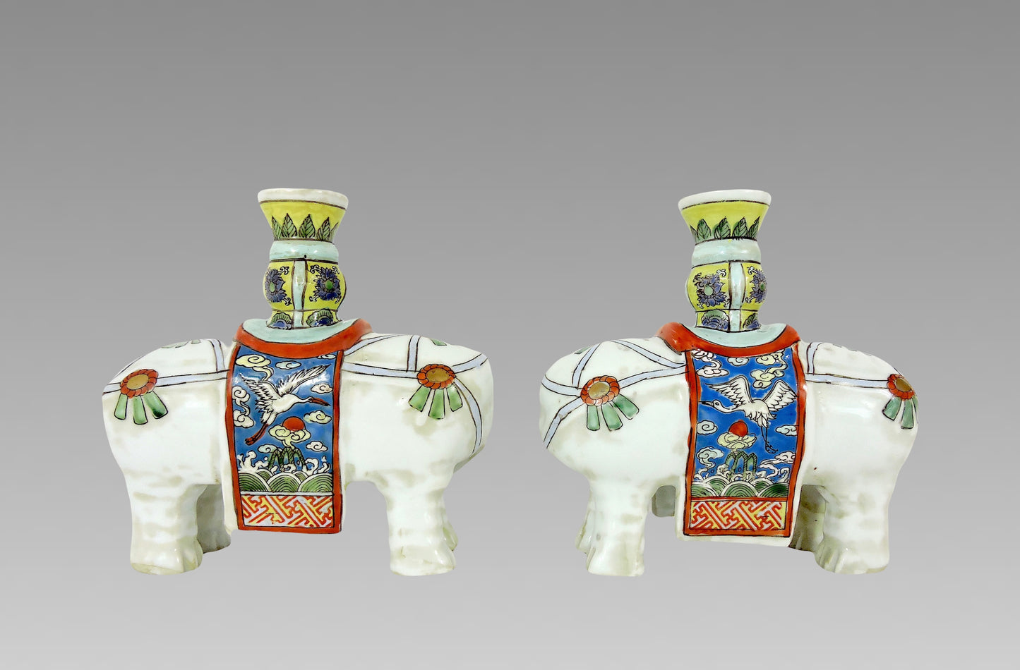 Antique Chinese Export White Caparisoned Elephant Famille Jaune Candleholders / Joss Stick Holders - a Pair