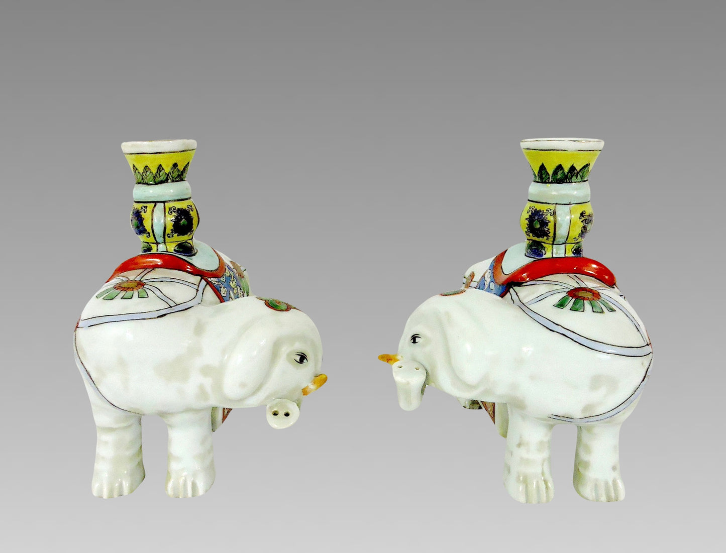 Antique Chinese Export White Caparisoned Elephant Famille Jaune Candleholders / Joss Stick Holders - a Pair