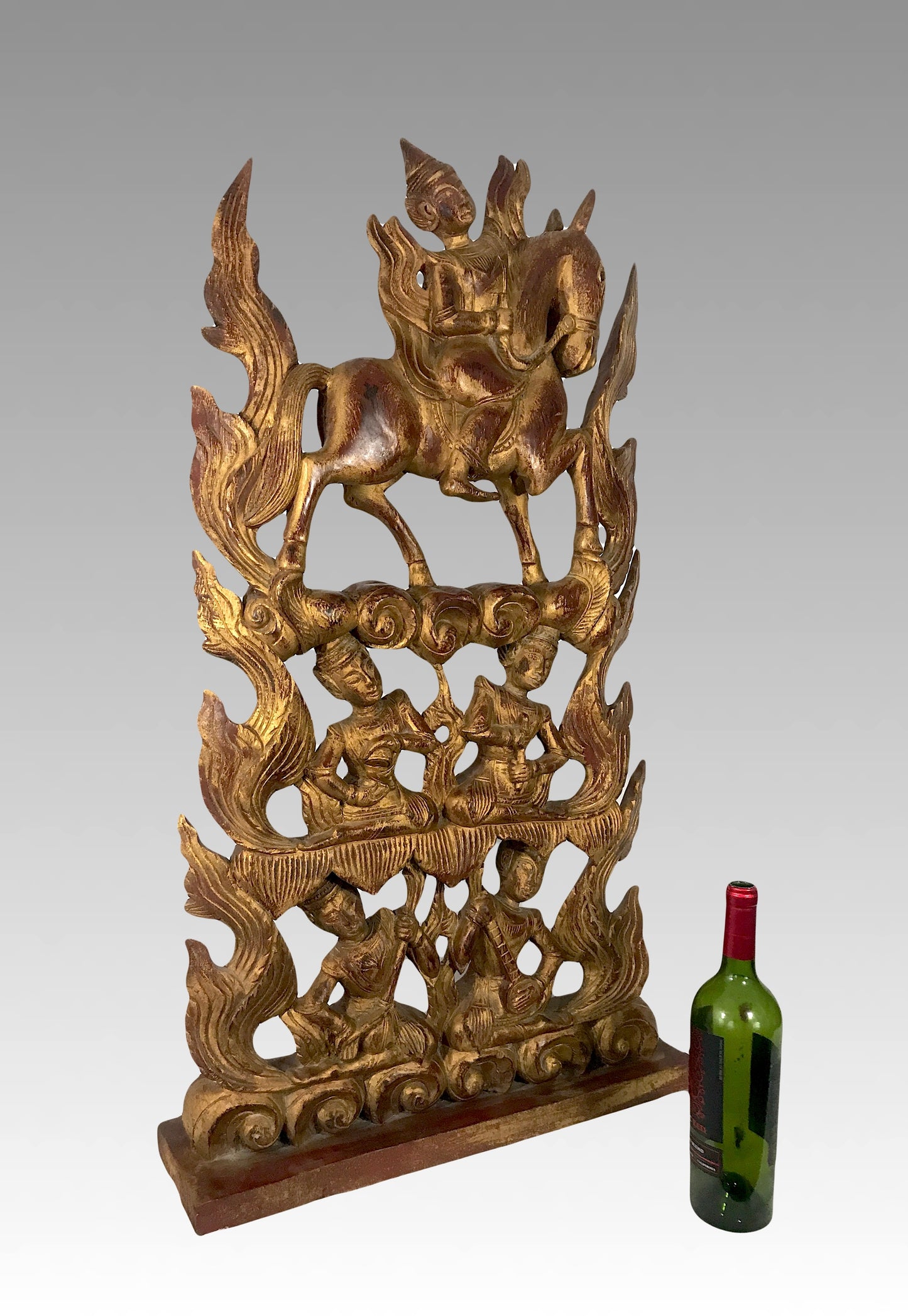 The Aspara & Musicians, Large Thai Red Gold Kranock Hand Carved Wooden Sculpture