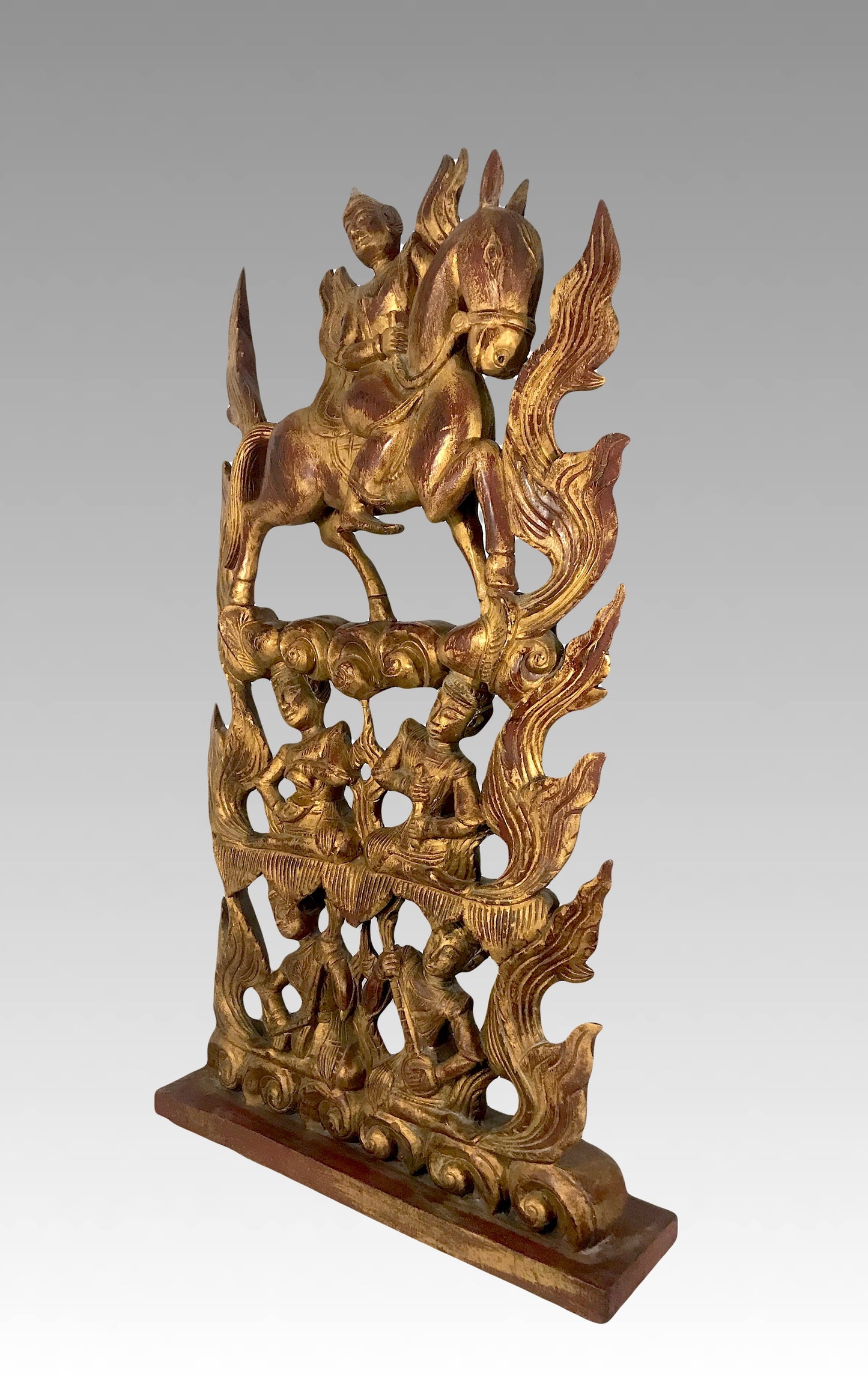 The Aspara & Musicians, Large Thai Red Gold Kranock Hand Carved Wooden Sculpture