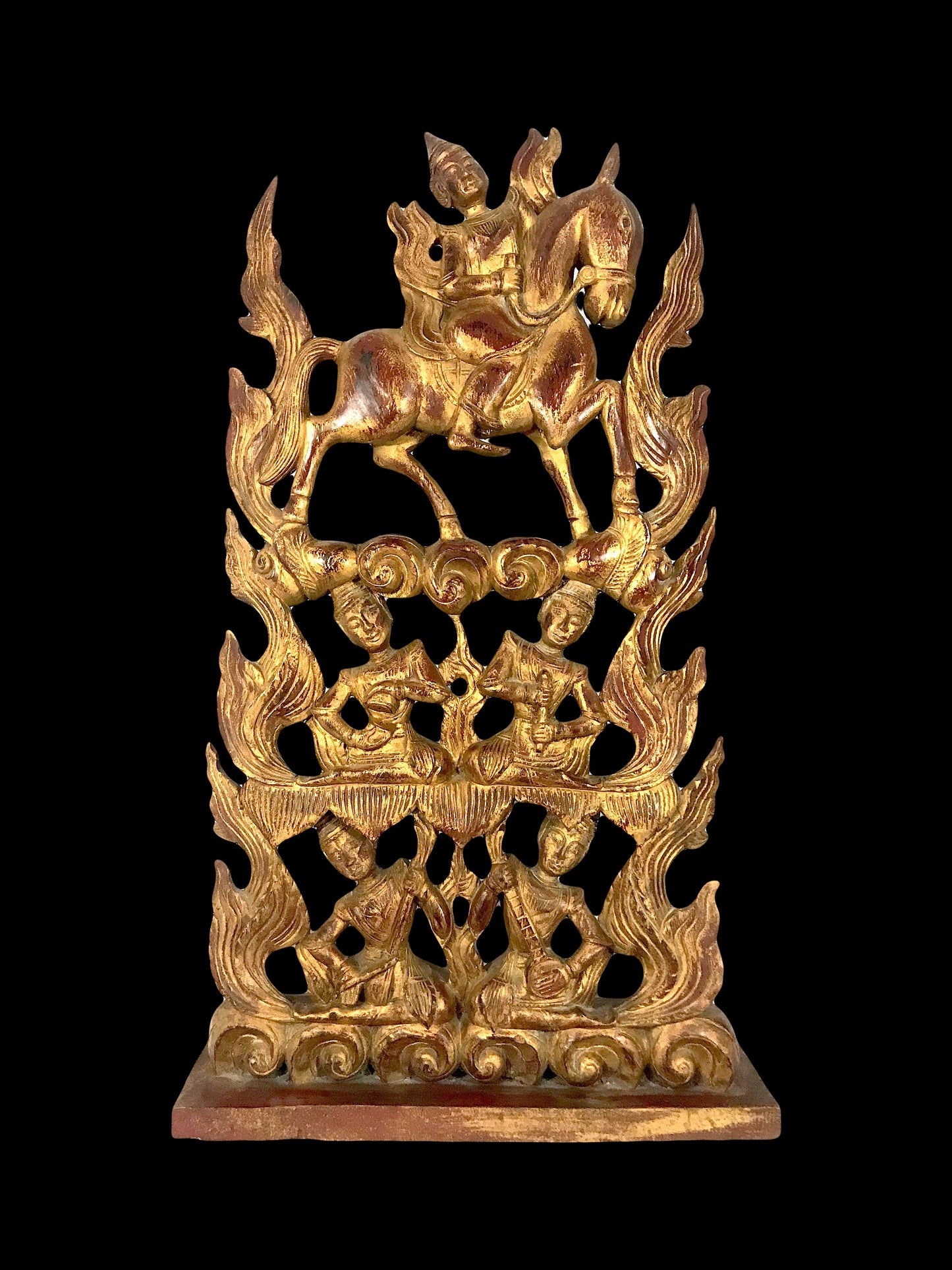 The Aspara & Musicians, Large Thai Red Gold Kranock Hand Carved Wooden Sculpture