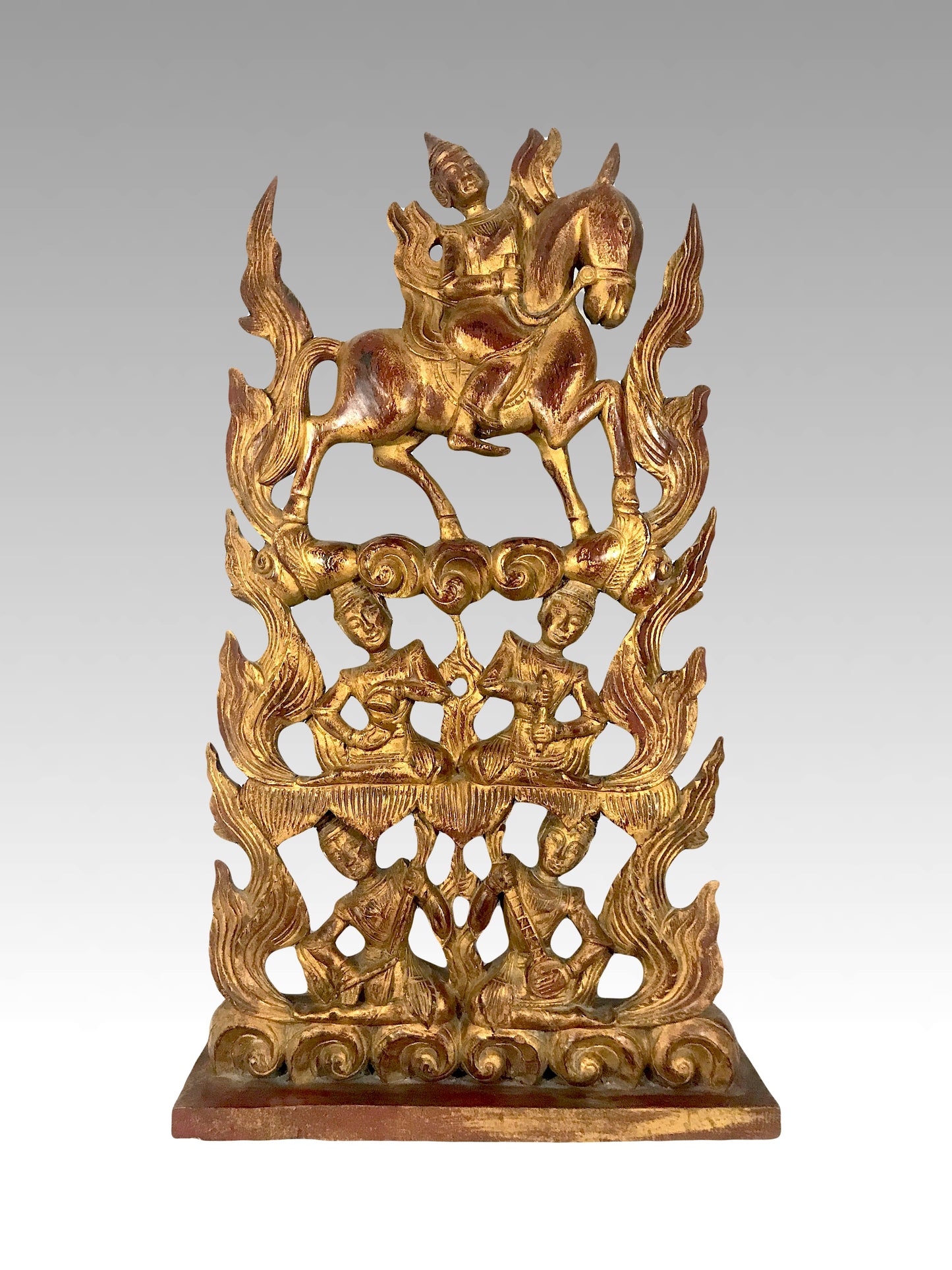 The Aspara & Musicians, Large Thai Red Gold Kranock Hand Carved Wooden Sculpture