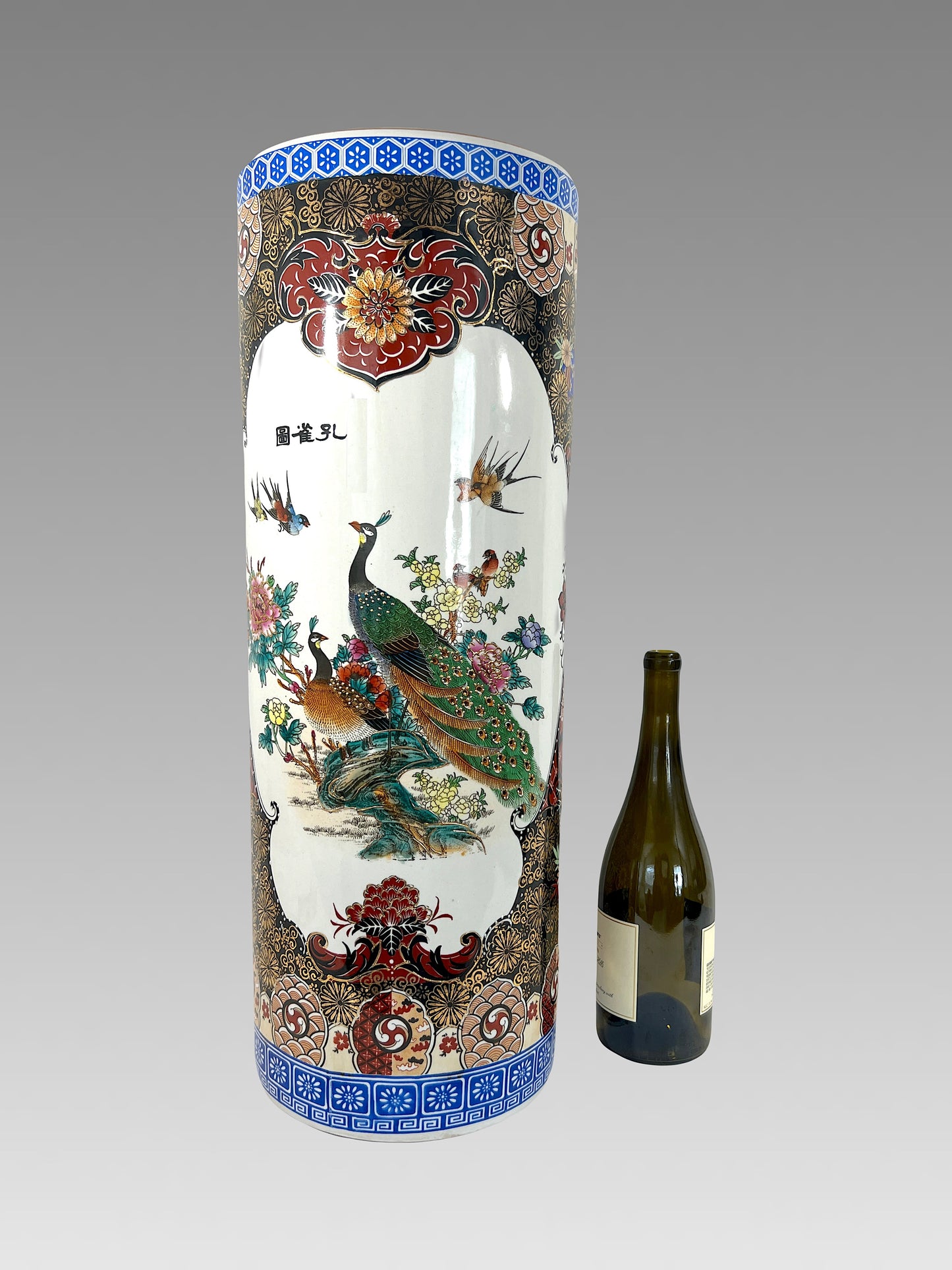 Large Chinese White Porcelain Imari Style Umbrella Stand With Green Peacocks & Floral Scenes