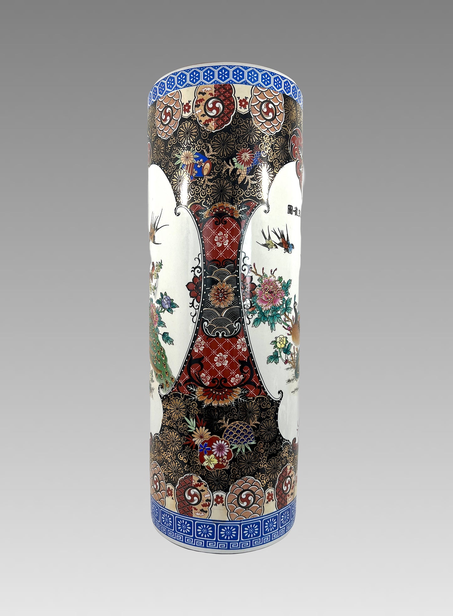 Large Chinese White Porcelain Imari Style Umbrella Stand With Green Peacocks & Floral Scenes