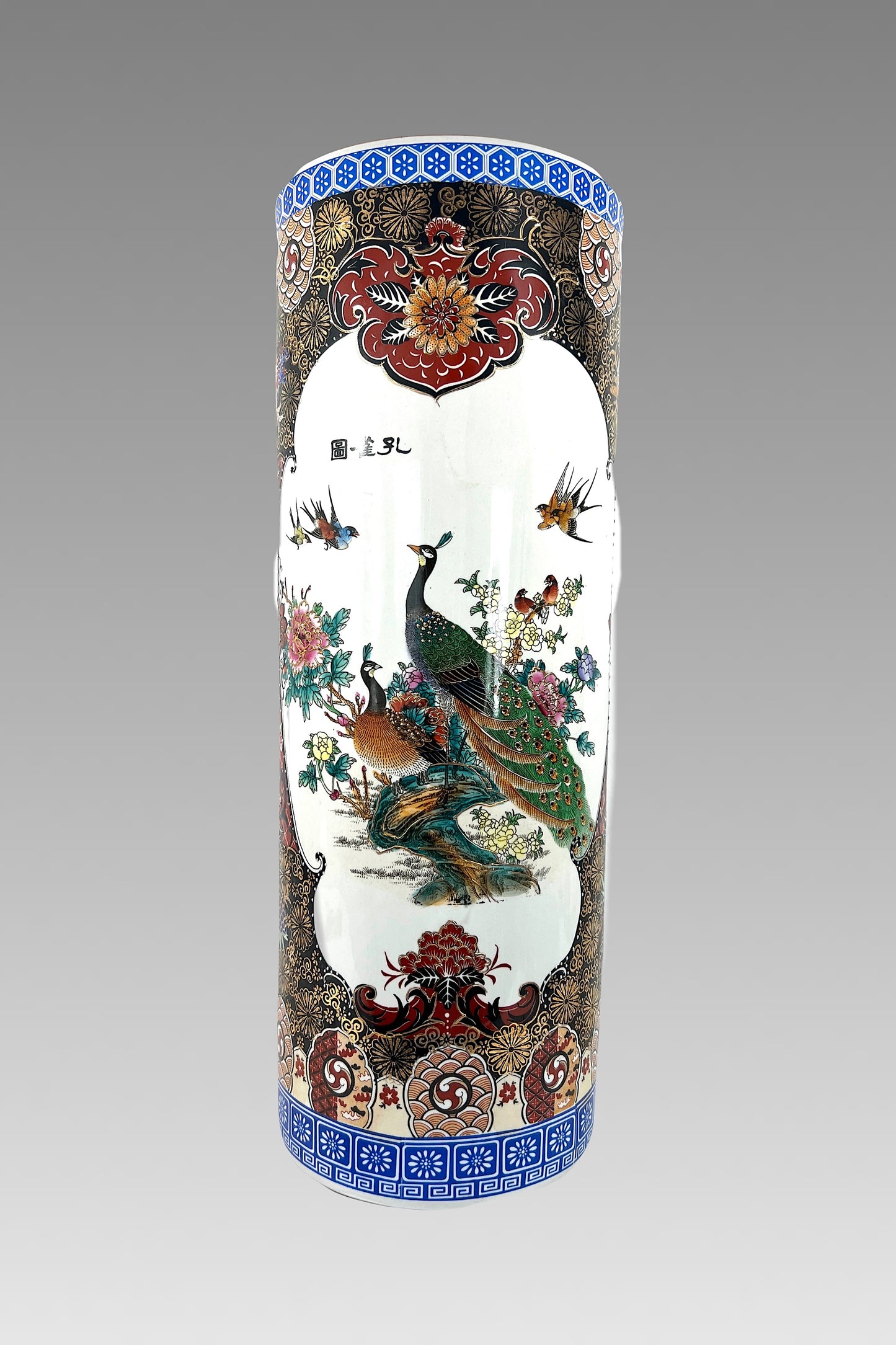 Large Chinese White Porcelain Imari Style Umbrella Stand With Green Peacocks & Floral Scenes