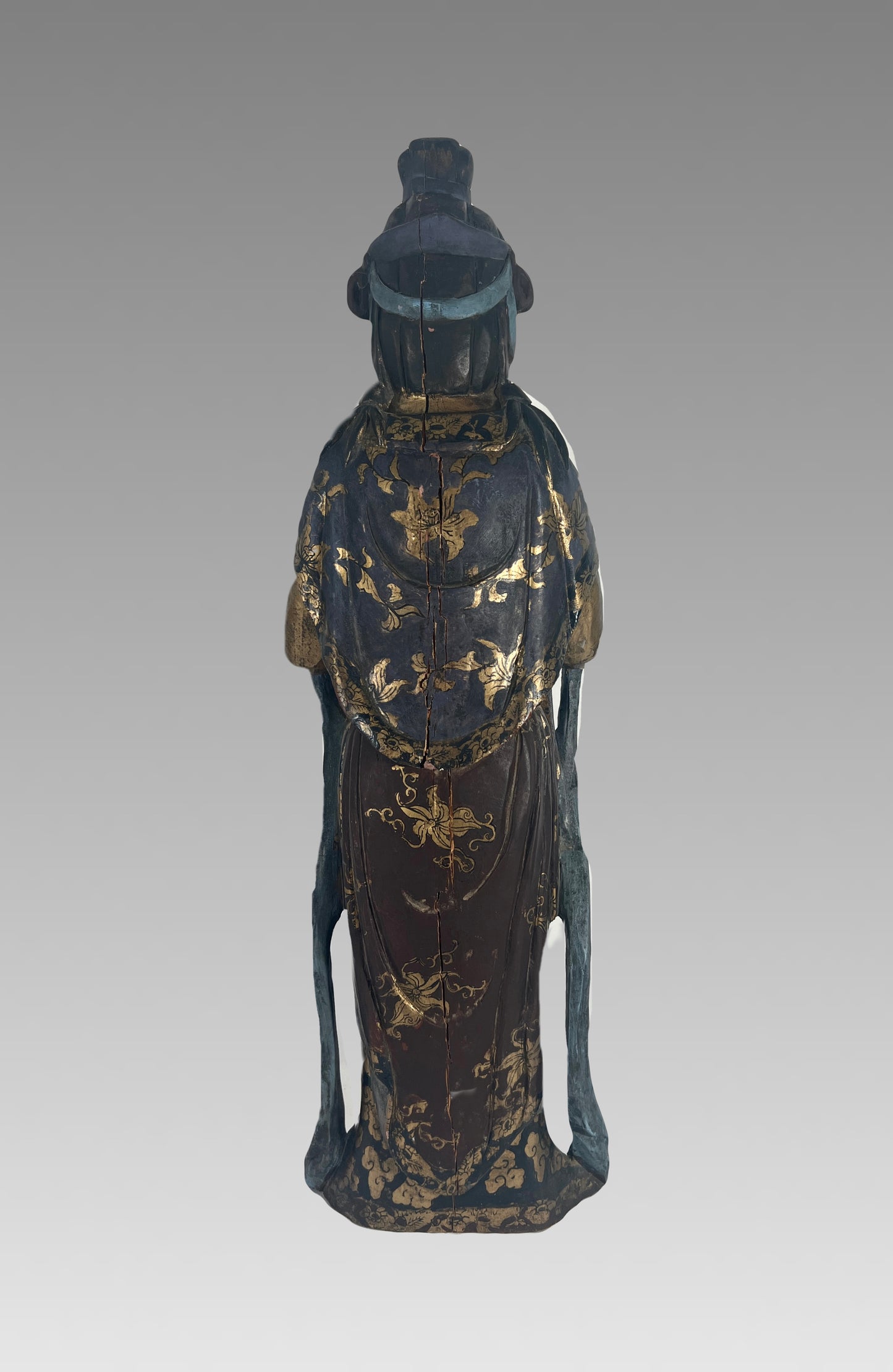 Late Qing Lacquer & Polychrome Carved Wood Figure of Guan Yin, Chinese Goddess of Compassion & Mercy Circa 1890