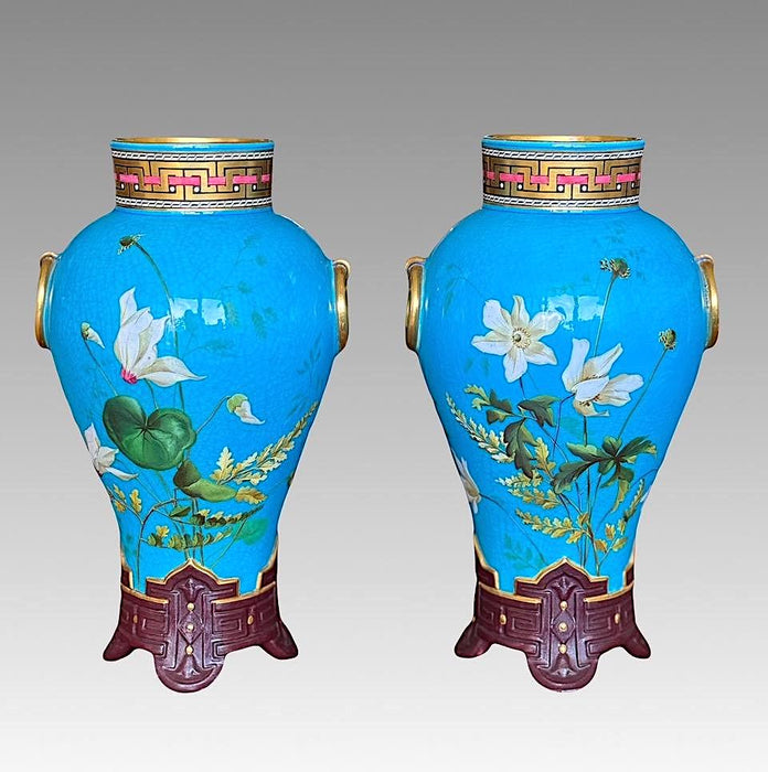 Christopher Dresser for Minton Museum Quality Aesthetic Period Blue Floral Vases, England - a Pair