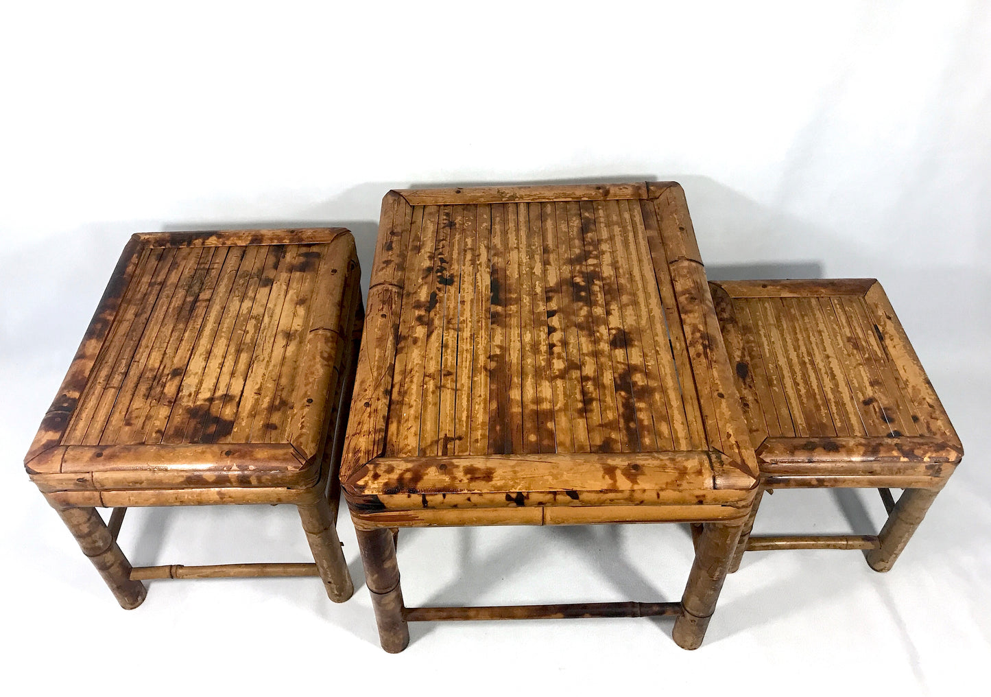 1980s Vintage Burnt Bamboo Rectangular Nesting Tables or Pedestals / Stands - Set of 3