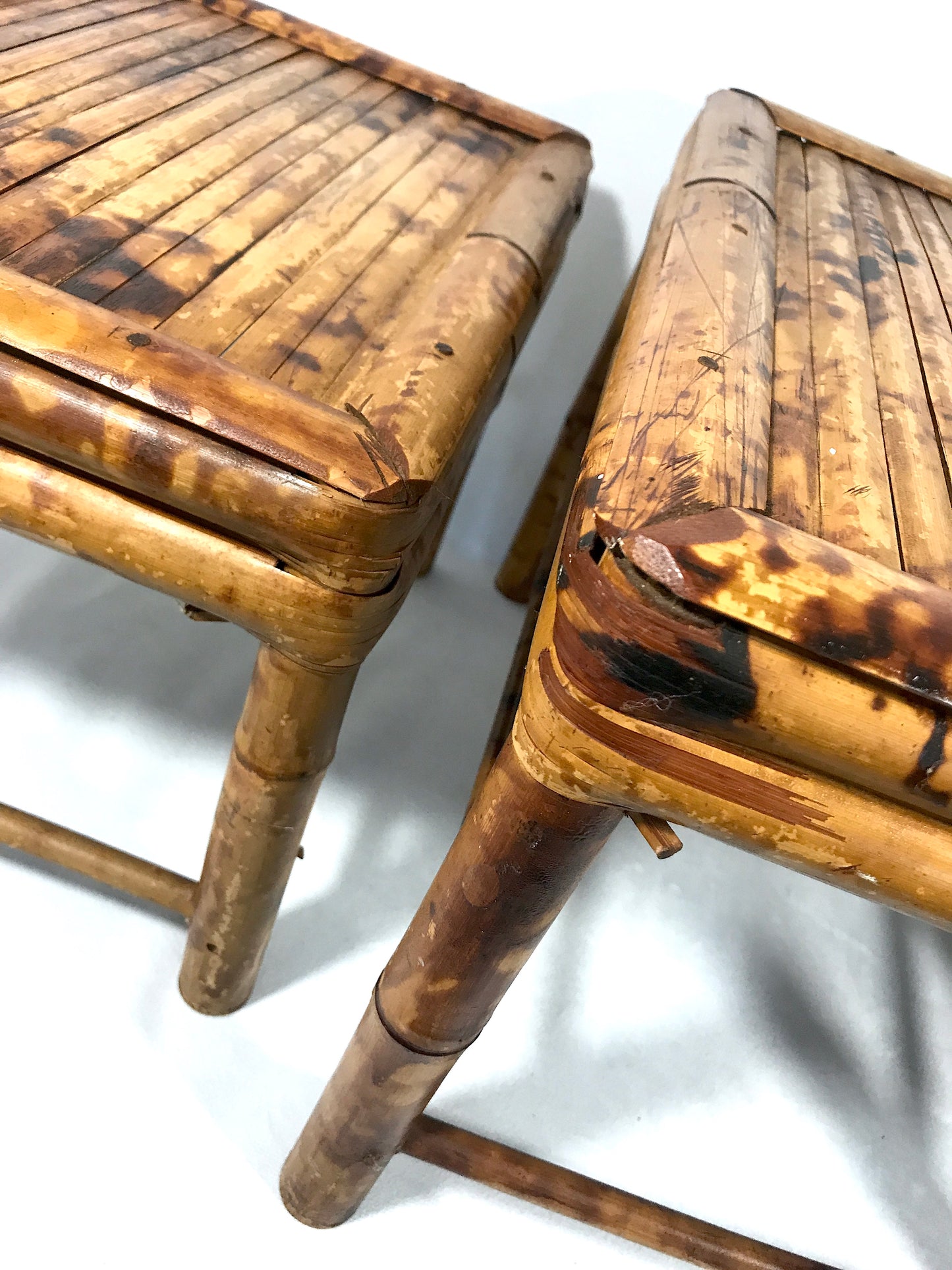 1980s Vintage Burnt Bamboo Rectangular Nesting Tables or Pedestals / Stands - Set of 3