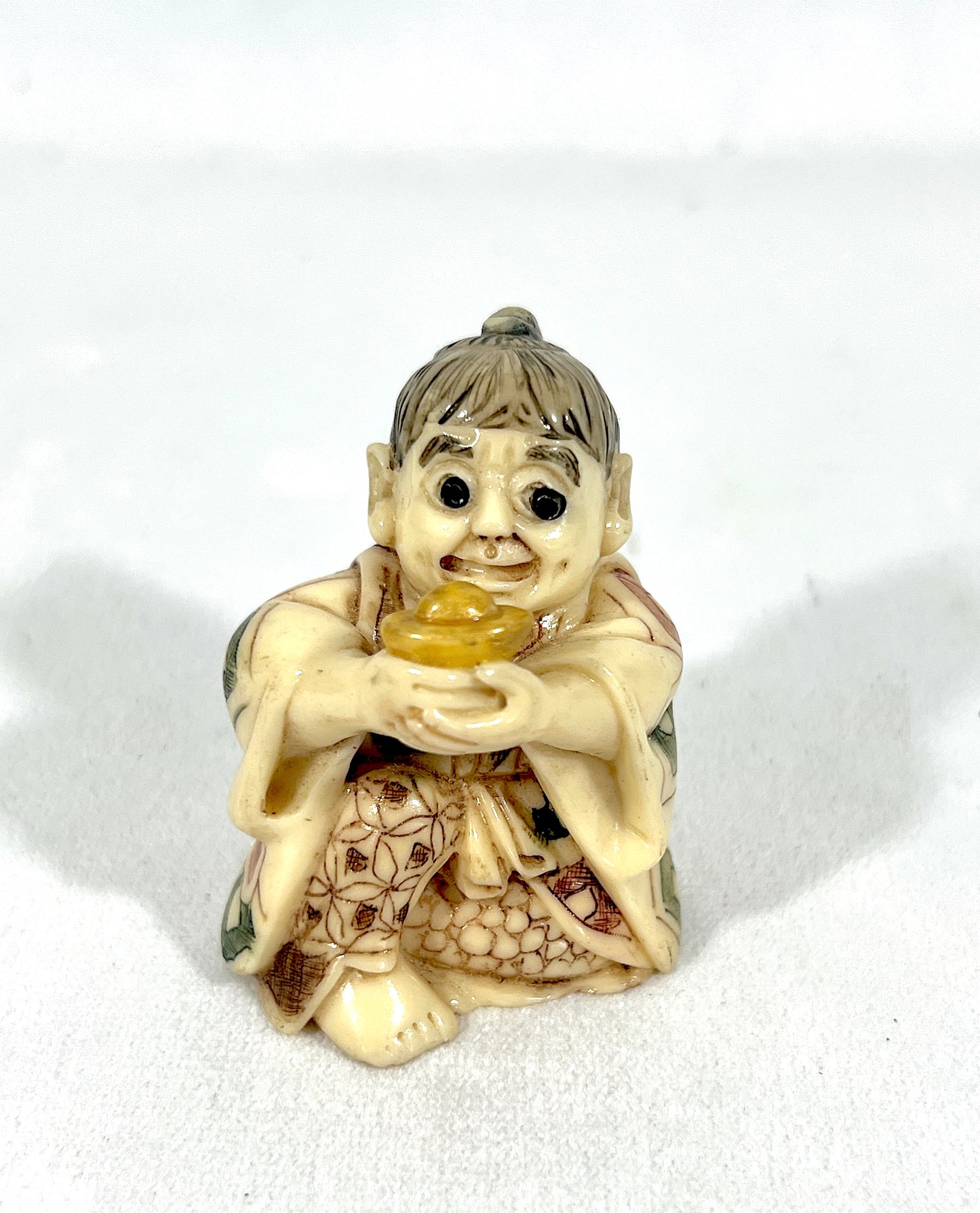 Vintage Chinese Netsuke - the Peach Seller and the Golden Ingot Bearer, a Pair, Brown Wood Stand