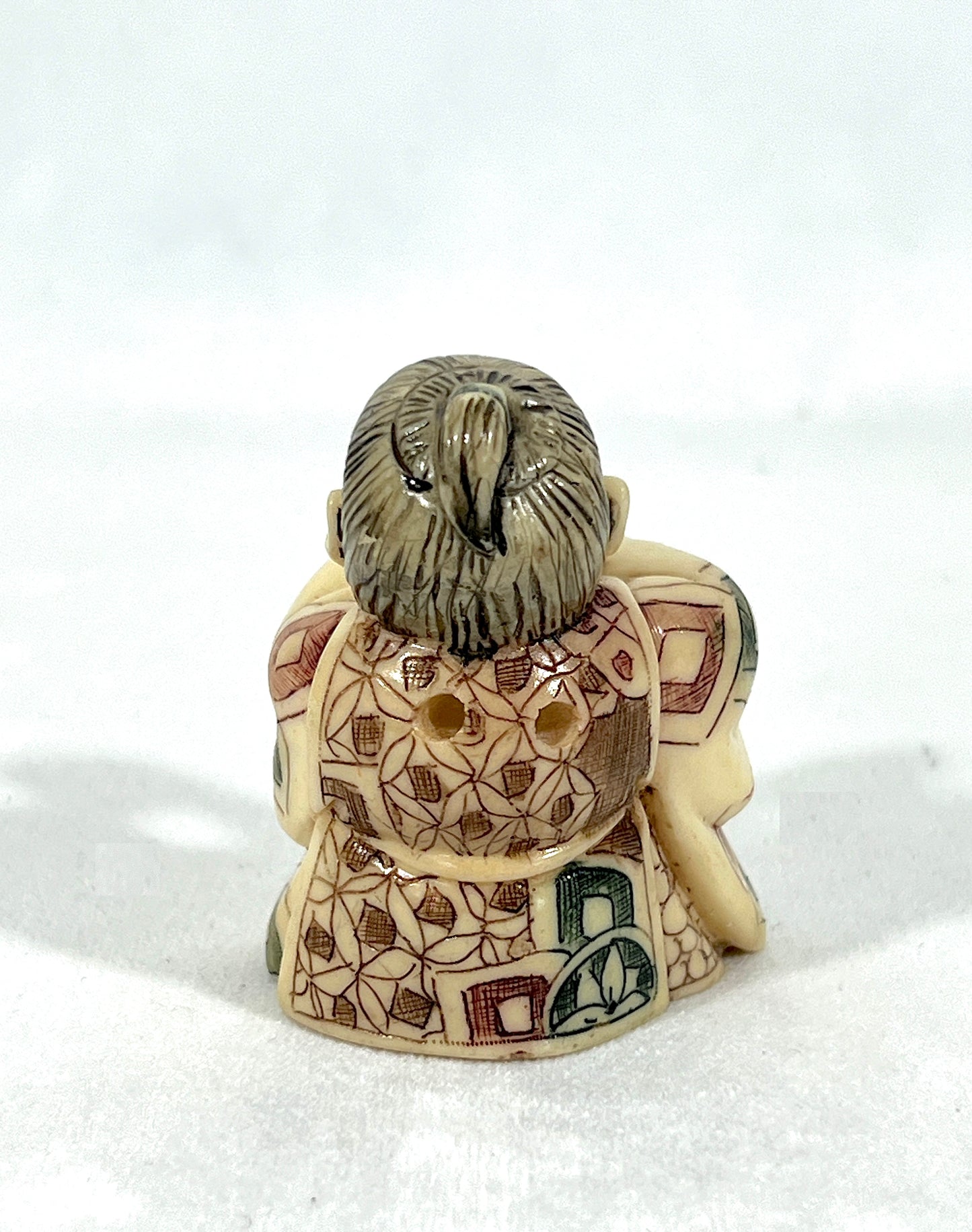 Vintage Chinese Netsuke - the Peach Seller and the Golden Ingot Bearer, a Pair, Brown Wood Stand