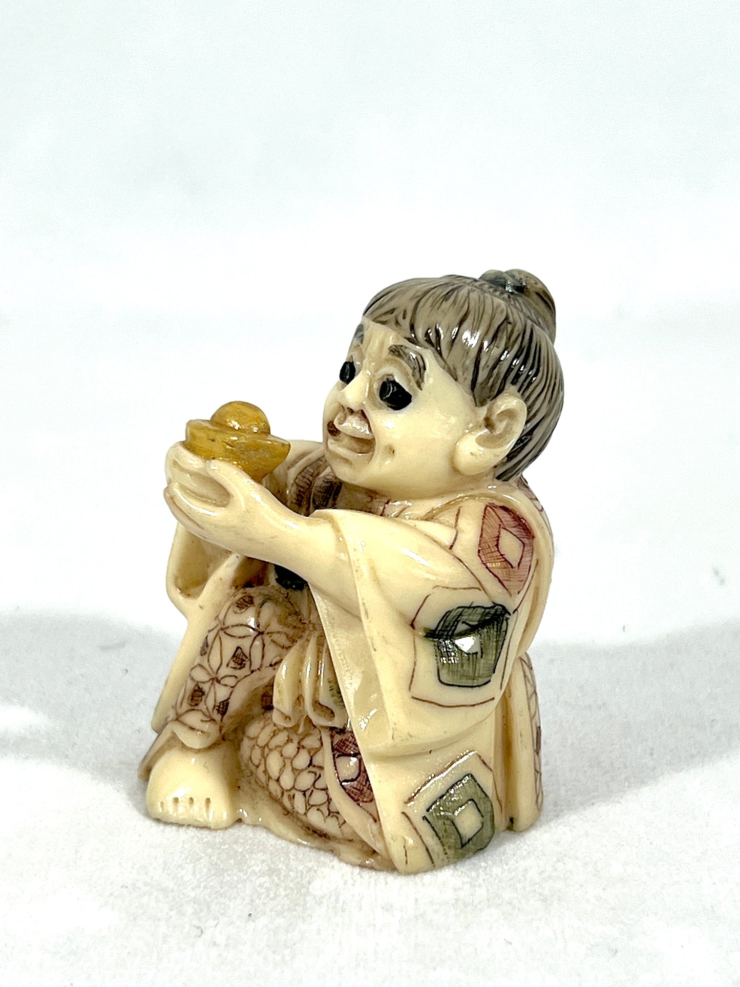 Vintage Chinese Netsuke - the Peach Seller and the Golden Ingot Bearer, a Pair, Brown Wood Stand