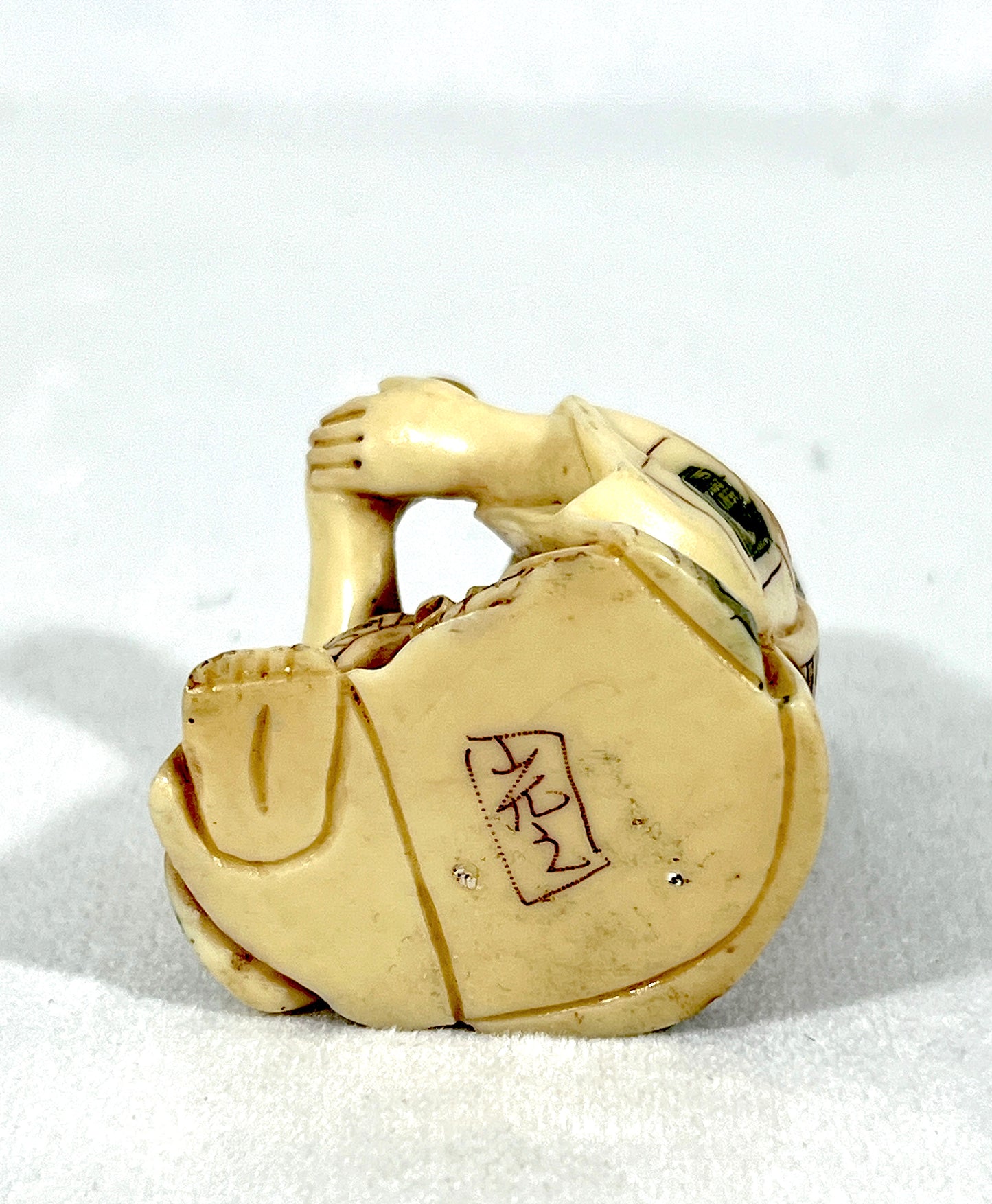 Vintage Chinese Netsuke - the Peach Seller and the Golden Ingot Bearer, a Pair, Brown Wood Stand