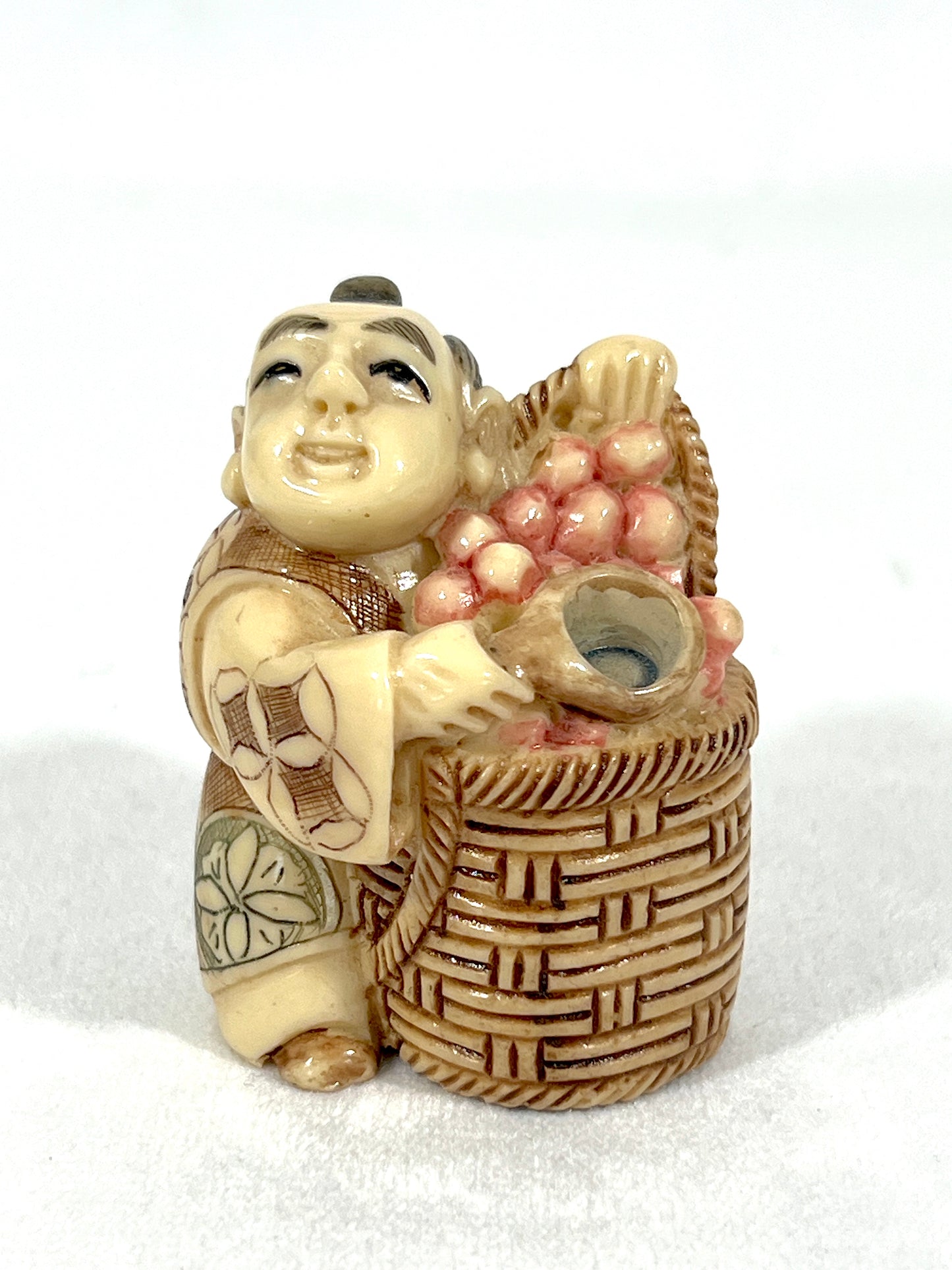 Vintage Chinese Netsuke - the Peach Seller and the Golden Ingot Bearer, a Pair, Brown Wood Stand