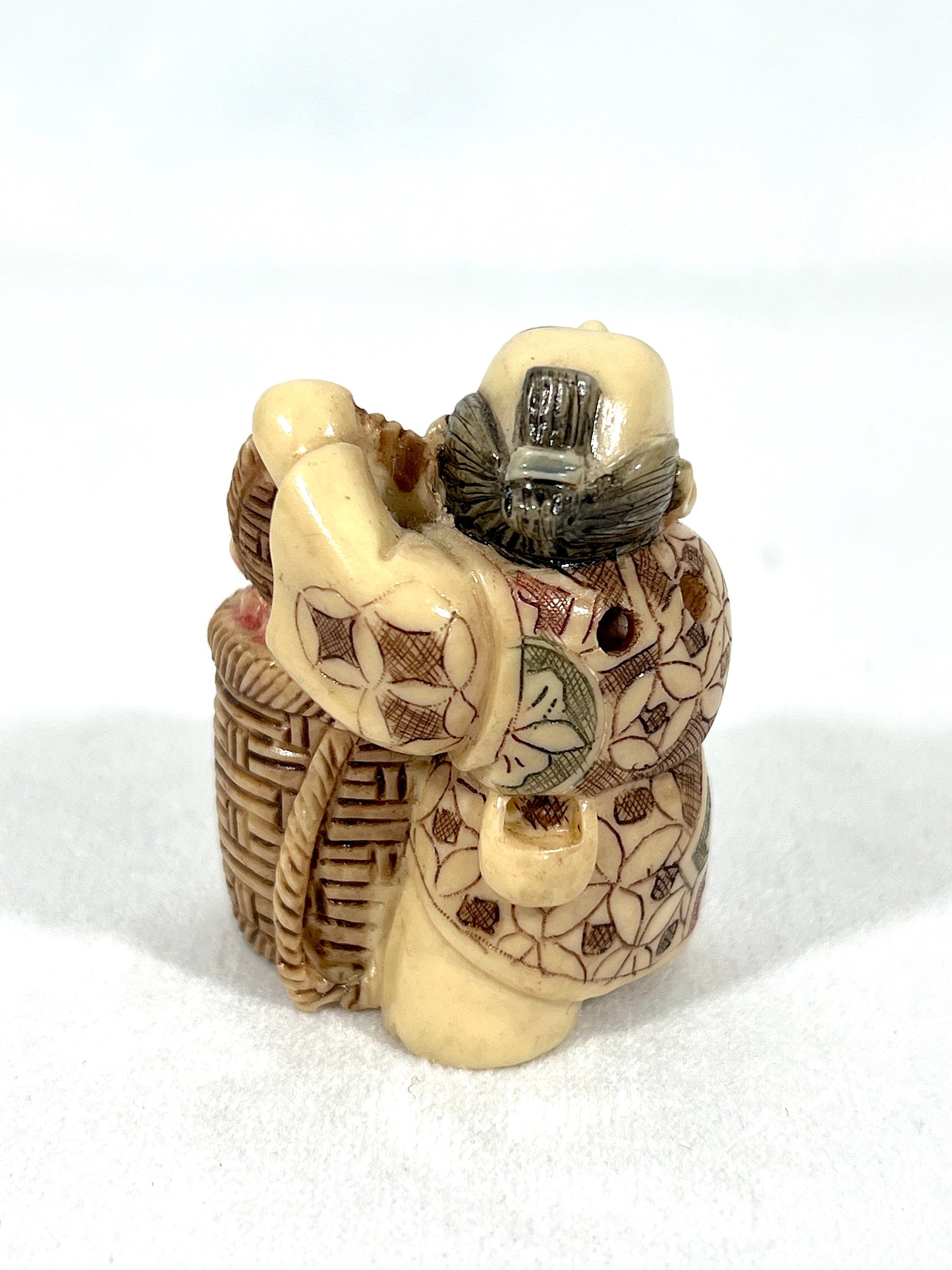 Vintage Chinese Netsuke - the Peach Seller and the Golden Ingot Bearer, a Pair, Brown Wood Stand