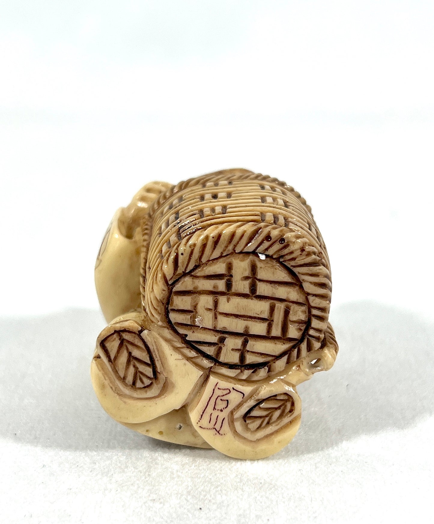 Vintage Chinese Netsuke - the Peach Seller and the Golden Ingot Bearer, a Pair, Brown Wood Stand