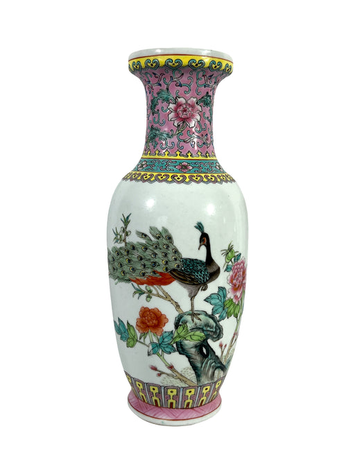 Chinese Qianlong Baluster White Porcelain Vase - 'Peacock Amongst Chrysanthemums With. Lotus', Republic