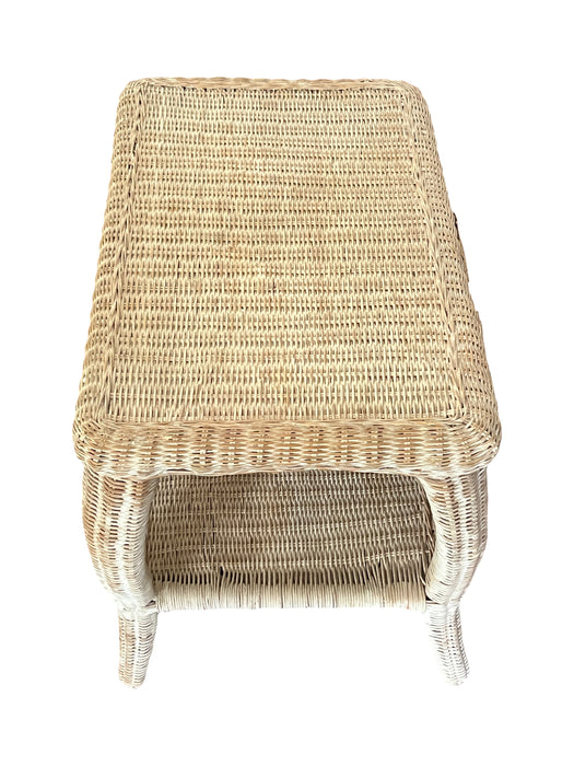 Vintage Distressed White Beige Wicker Rectangular Side or Occasional Table, Heywood Wakefield Style