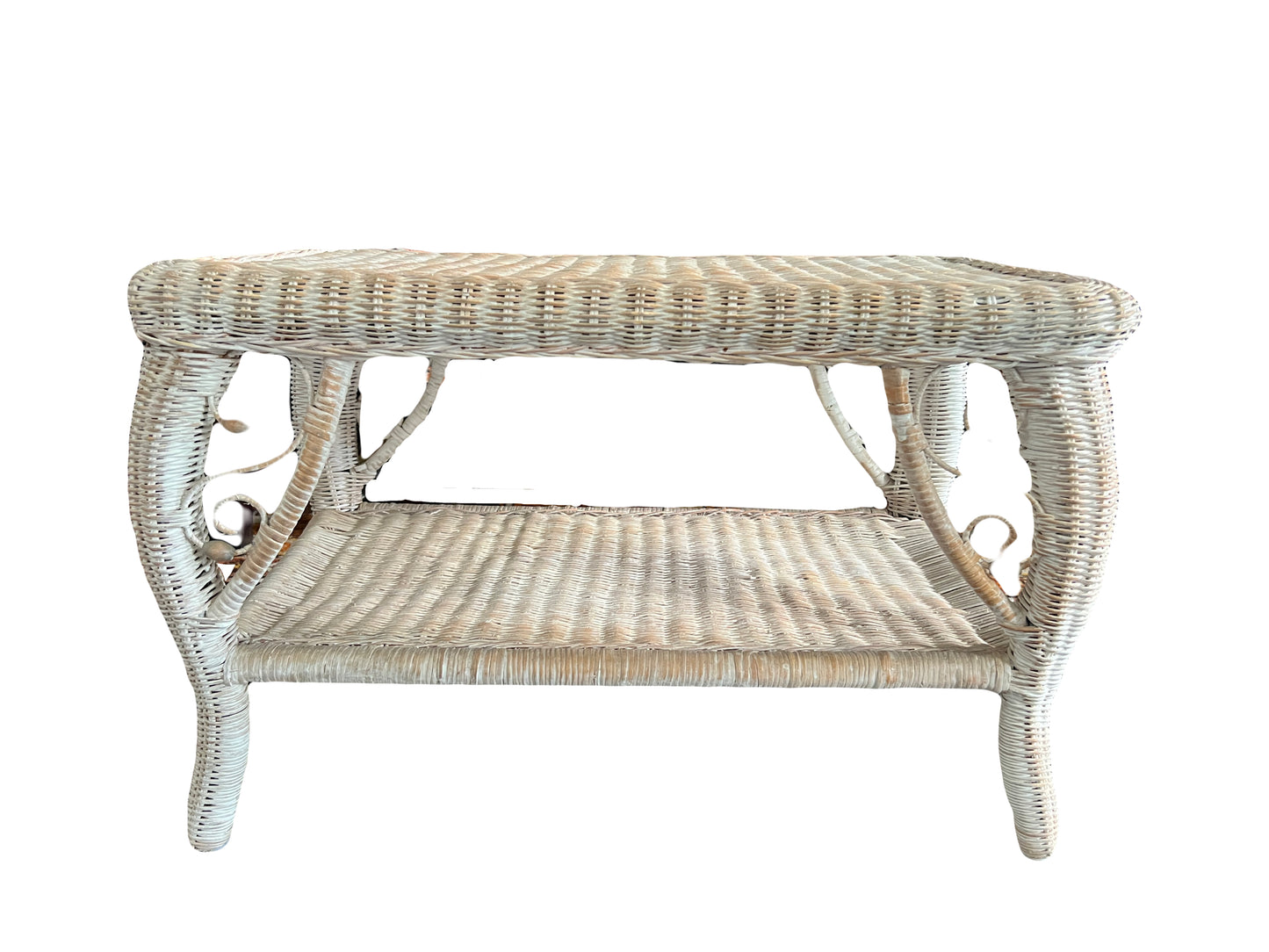 Vintage Distressed White Beige Wicker Rectangular Side or Occasional Table, Heywood Wakefield Style