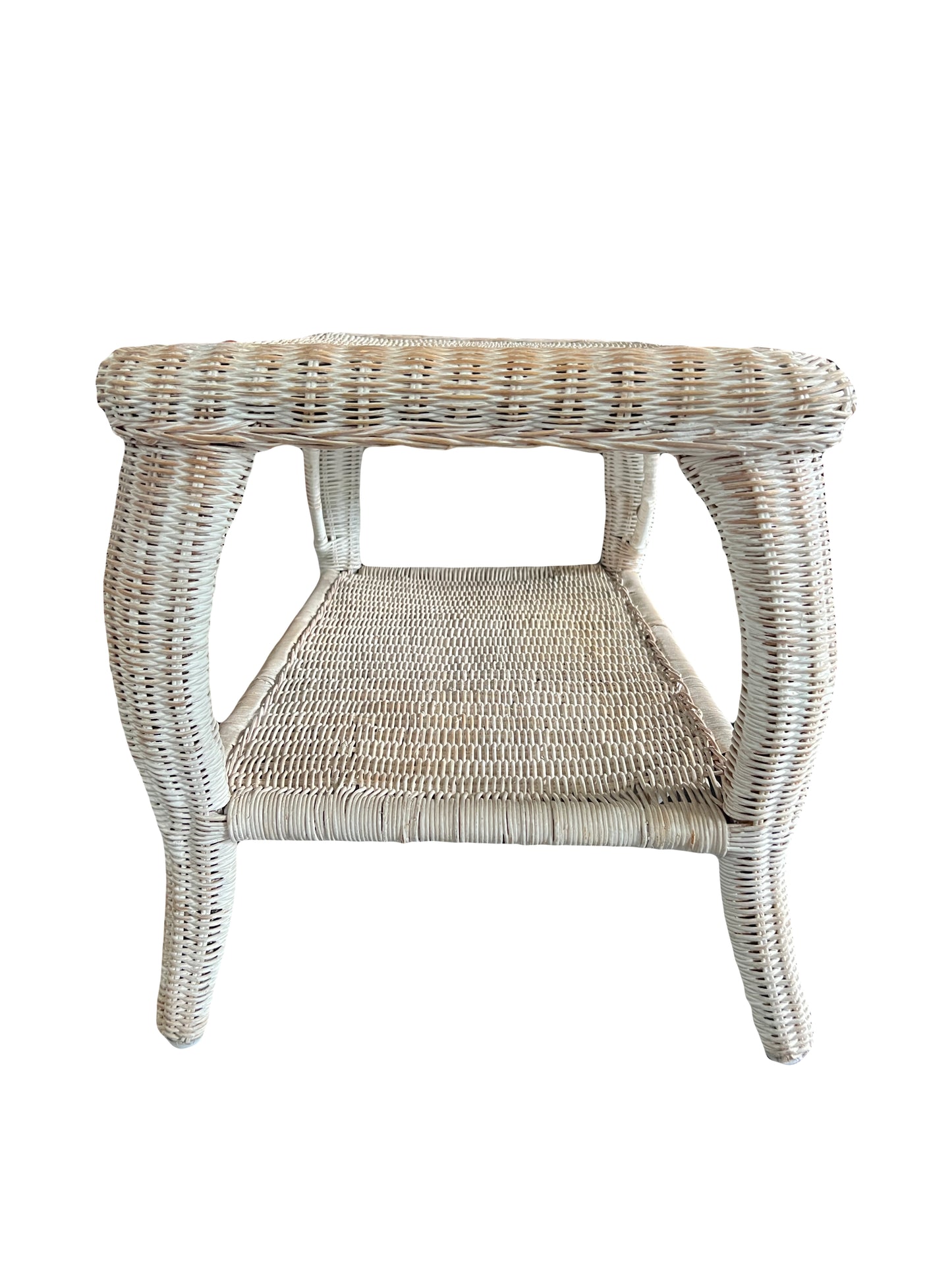 Vintage Distressed White Beige Wicker Rectangular Side or Occasional Table, Heywood Wakefield Style