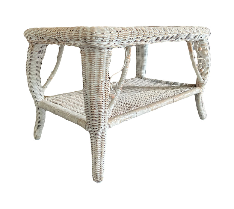 Vintage Distressed White Beige Wicker Rectangular Side or Occasional Table, Heywood Wakefield Style
