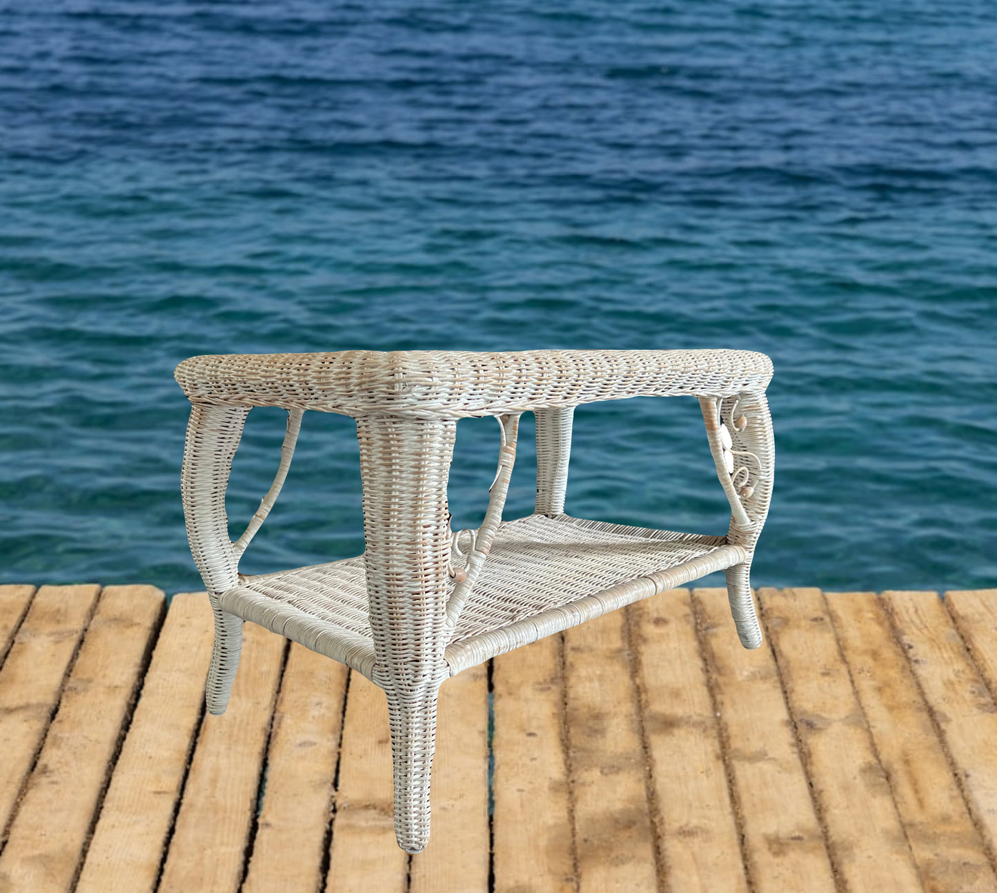 Vintage Distressed White Beige Wicker Rectangular Side or Occasional Table, Heywood Wakefield Style