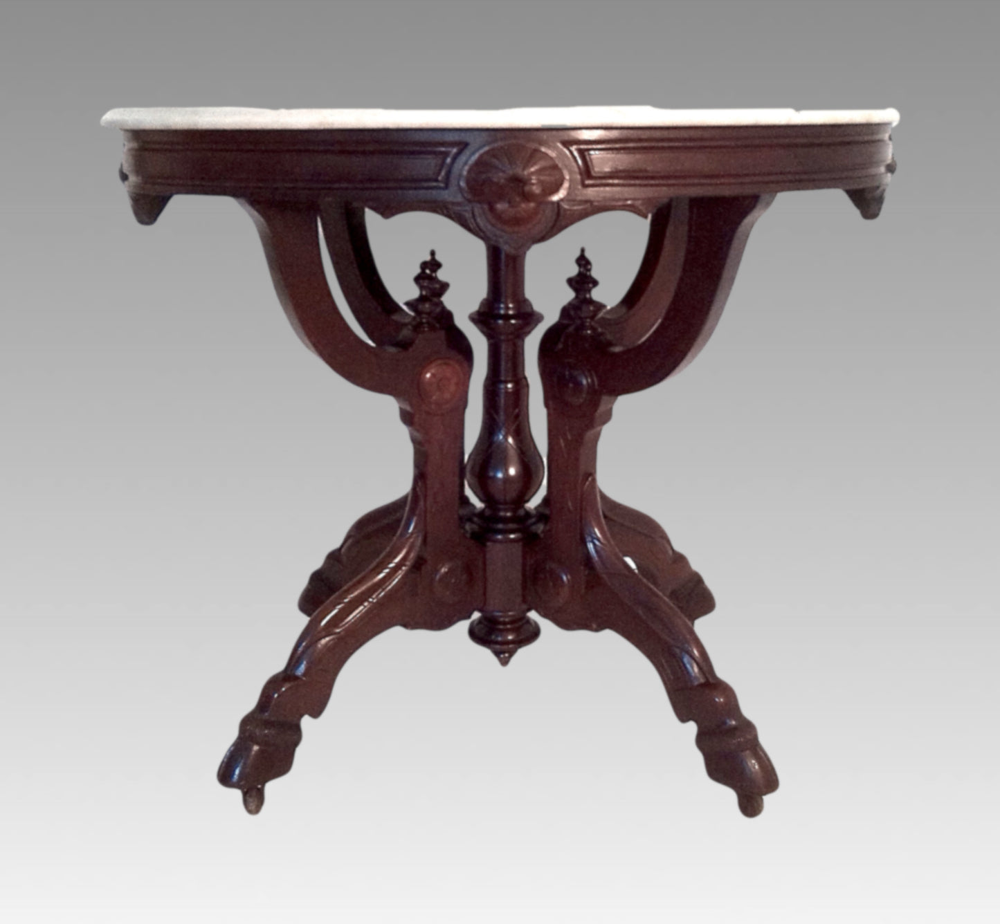 Antique Renaissance Revival Walnut Oval Occasional / Parlor Table, White & Gray Marble Top C1890