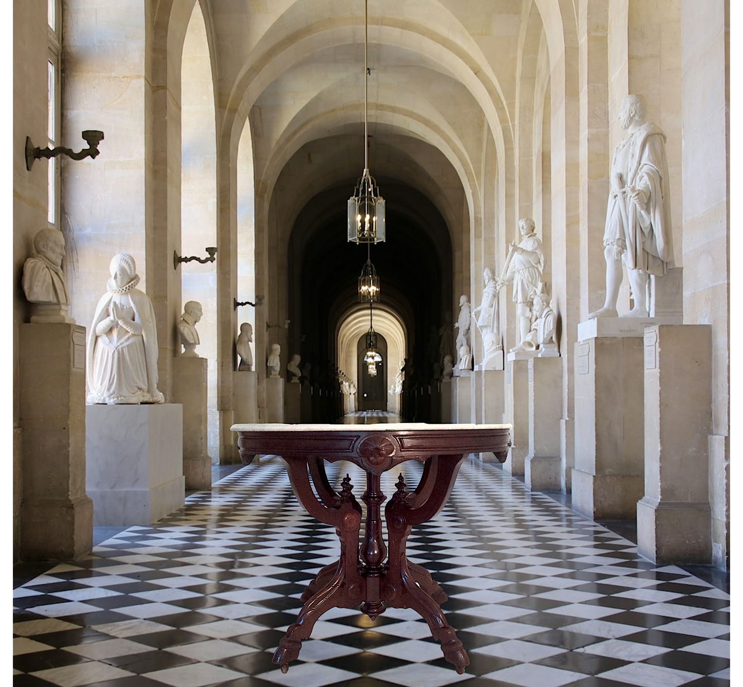 Antique Renaissance Revival Walnut Oval Occasional / Parlor Table, White & Gray Marble Top C1890