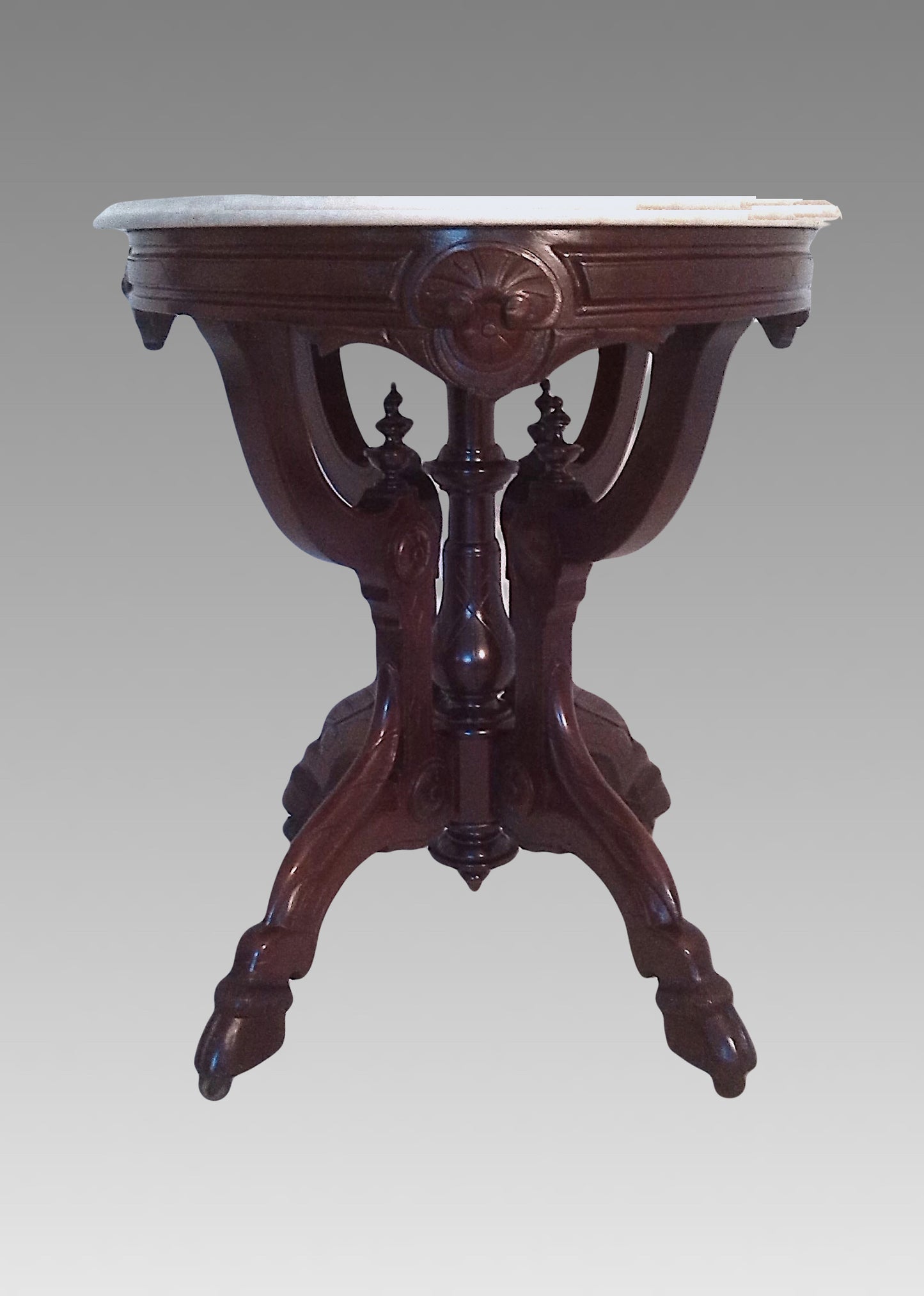 Antique Renaissance Revival Walnut Oval Occasional / Parlor Table, White & Gray Marble Top C1890