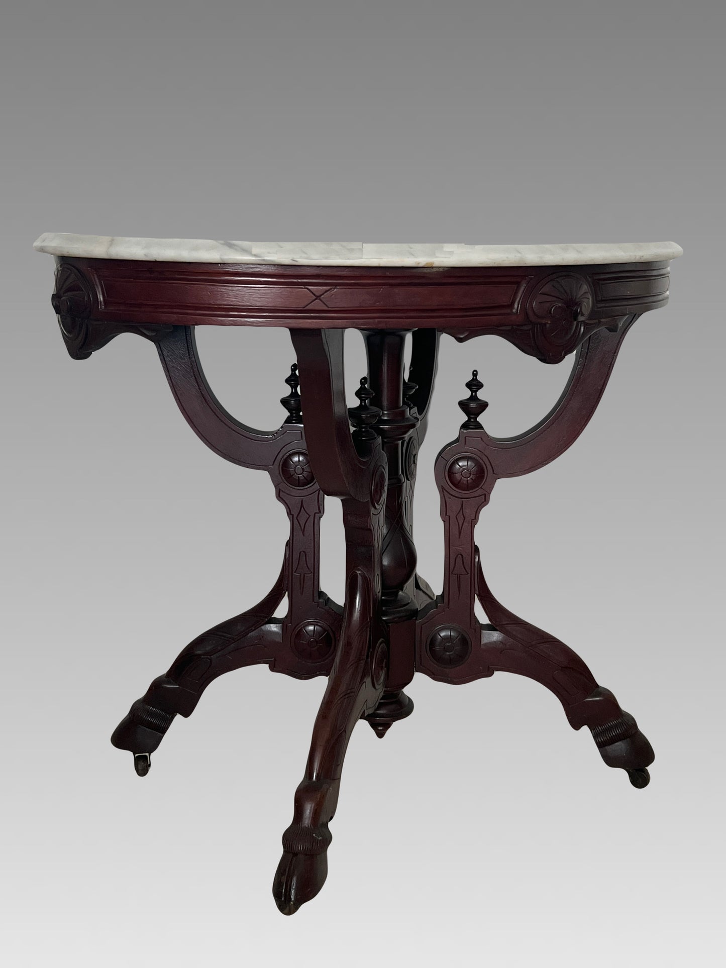 Antique Renaissance Revival Walnut Oval Occasional / Parlor Table, White & Gray Marble Top C1890