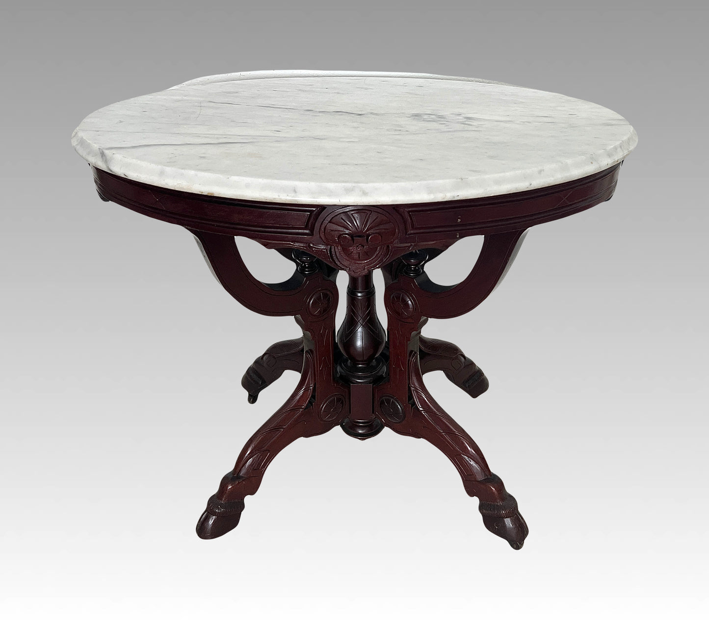 Antique Renaissance Revival Walnut Oval Occasional / Parlor Table, White & Gray Marble Top C1890