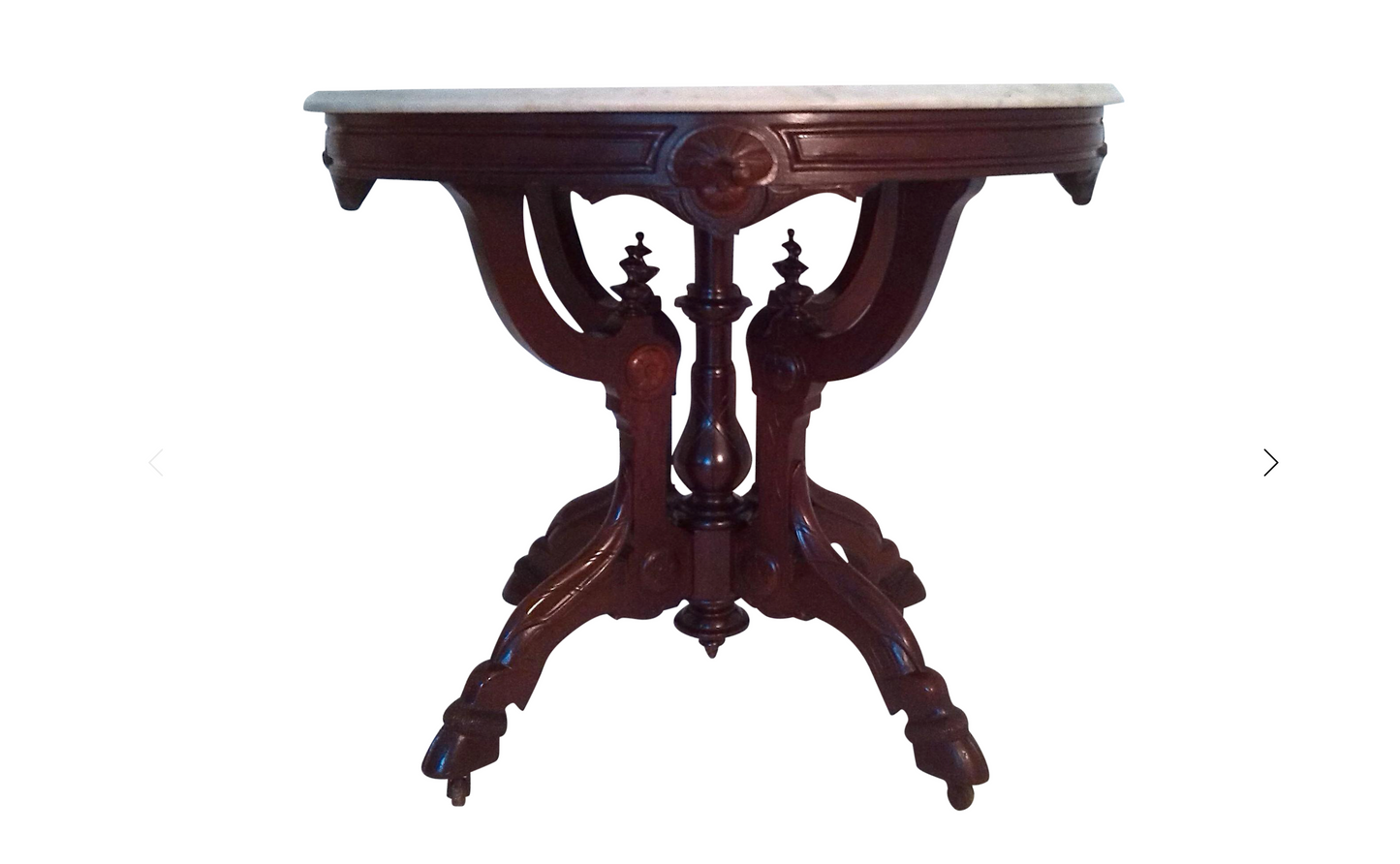 Antique Renaissance Revival Walnut Oval Occasional / Parlor Table, White & Gray Marble Top C1890