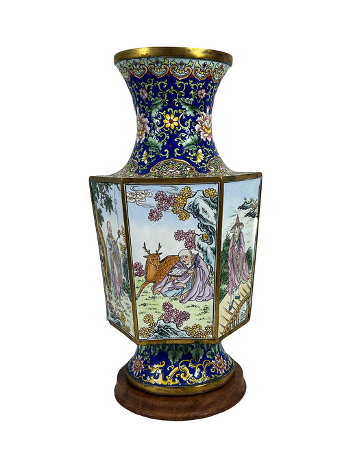 Late Republic Period Chinese Enamel on Brass 'Immortals' Vase, Hexagonal Form With Teak Stand