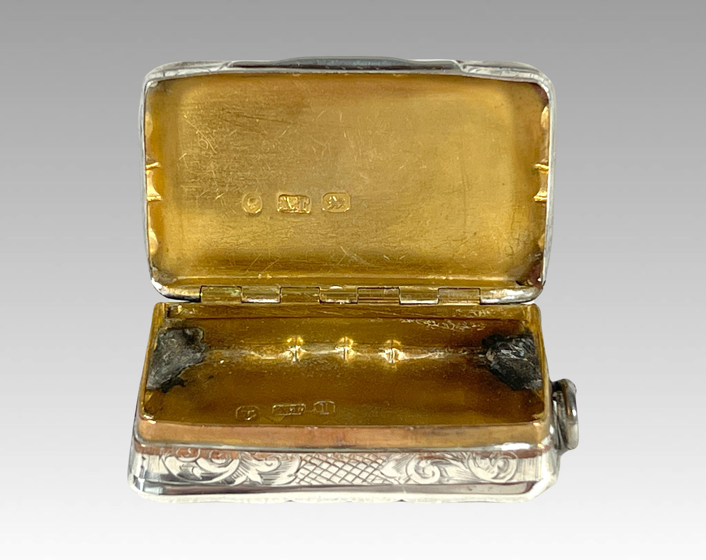 Victorian Sterling Silver Match Box or Pill Box, Gold Wash Interior by Alfred Taylor, Birmingham, England C1857.