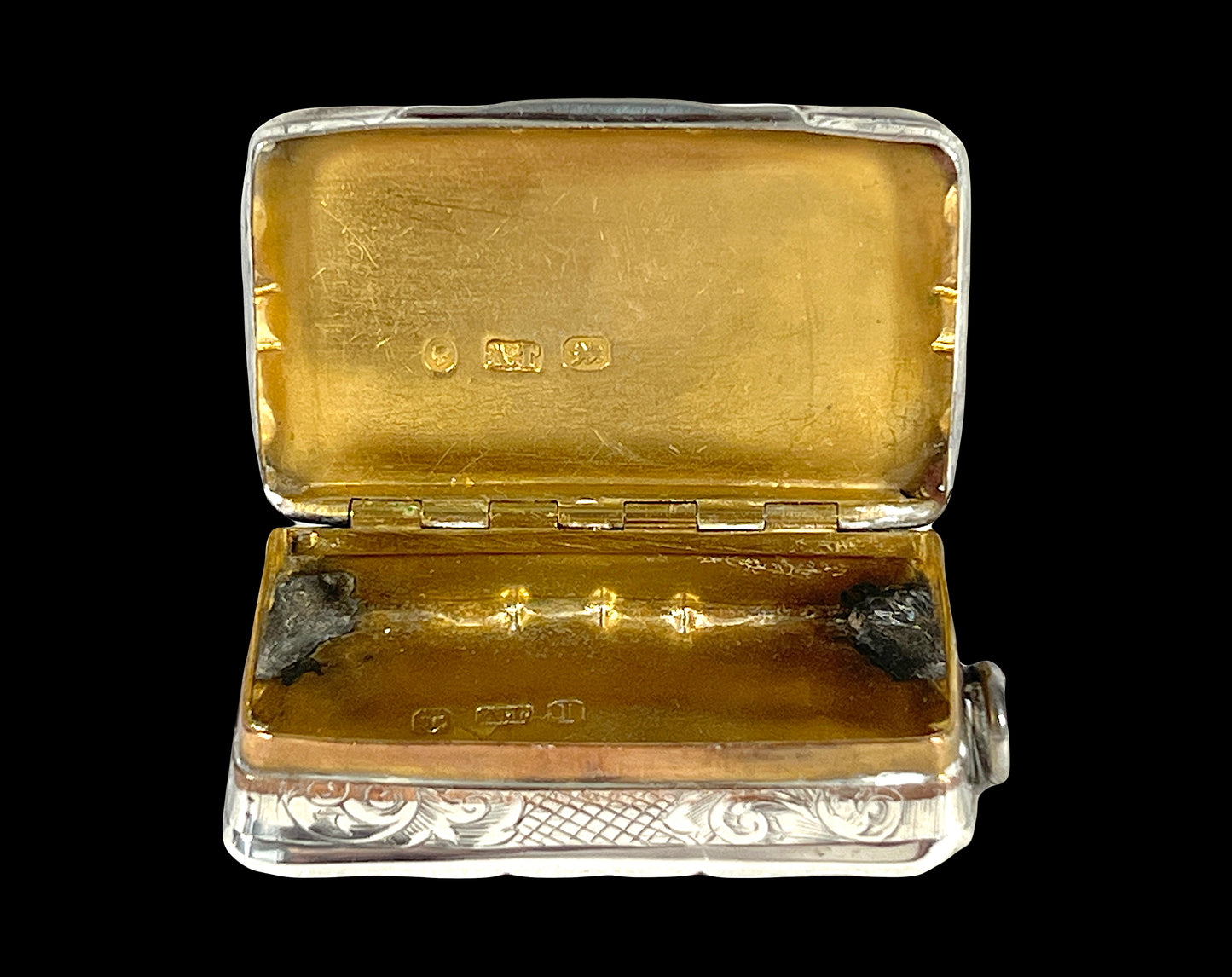 Victorian Sterling Silver Match Box or Pill Box, Gold Wash Interior by Alfred Taylor, Birmingham, England C1857.