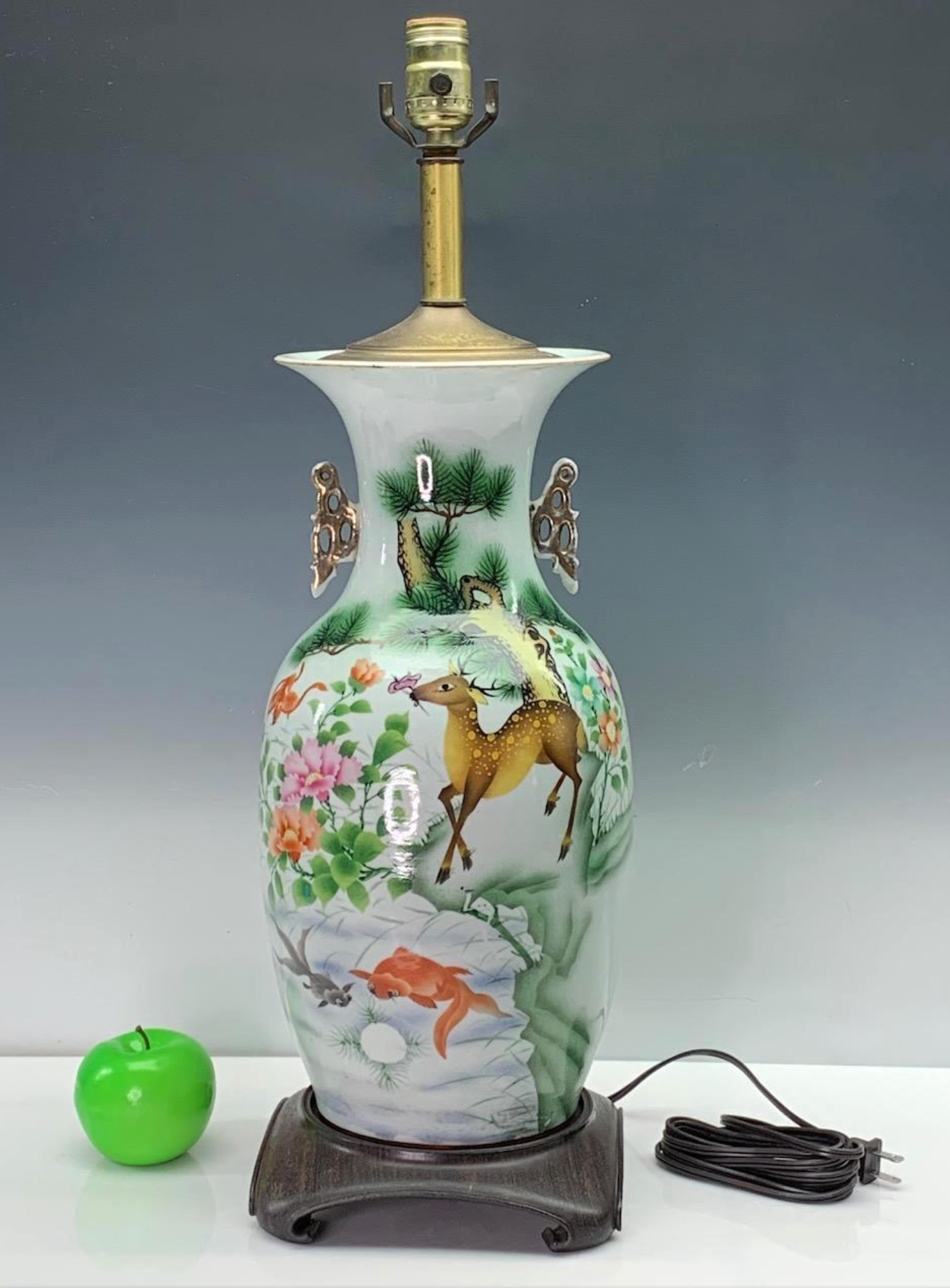 'Republic Period' Famille Rose Chinese Landscape & Lake White Porcelain Table Lamp on Ming Style Rosewood Stand