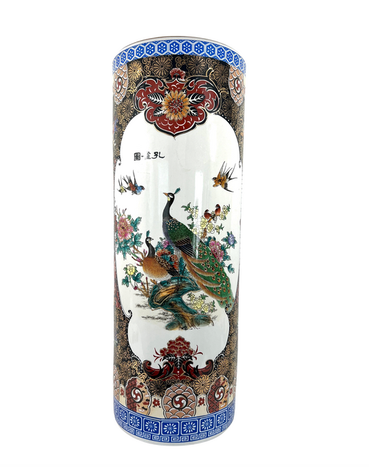 Large Chinese White Porcelain Imari Style Umbrella Stand With Green Peacocks & Floral Scenes