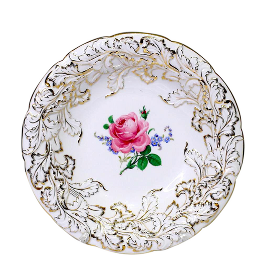 Antique Meissen White Porcelain Charger Rococo Design With Painted Pink Rose Bouquet, Signed