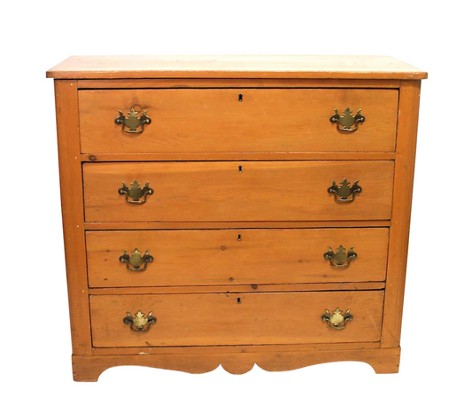 Early American Antique Heart Pine Chest of Drawers, Four Drawers with Brass Pulls