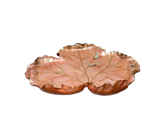 Large Italian Naturalistic Carved & Polychromed Wooden Leaf-Form Centerpiece Tray with Dragonflies and Insects