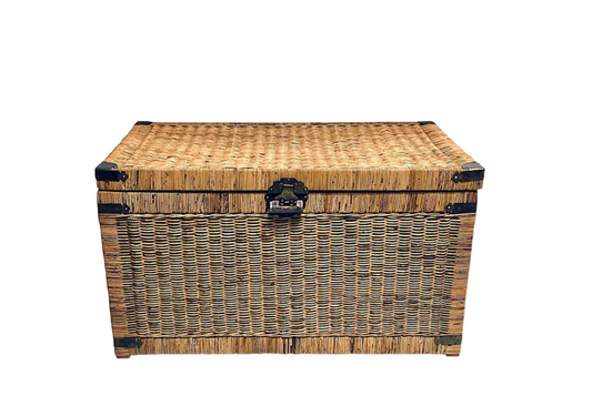 Vintage Rustic Oriental/Asian Woven Wicker Storage Trunk With Engraved Chinese Brass Fittings (Chinoiserie)