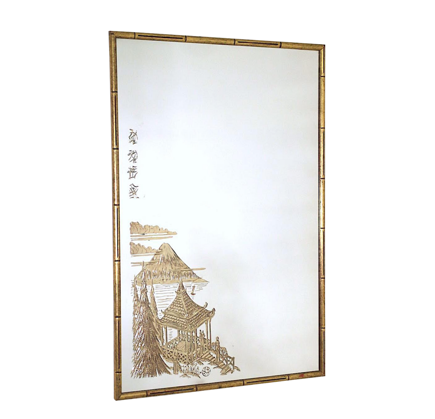 Mid Century Hollywood Regency Wall Mirror With Mount Fuji, Japan by Sharon Art Mirror in Gilt Faux Bamboo Frame