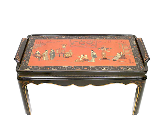 Drexel Heritage Black & Red Lacquer Chinoiserie Coffee Table With Hand Painted Scenic Top